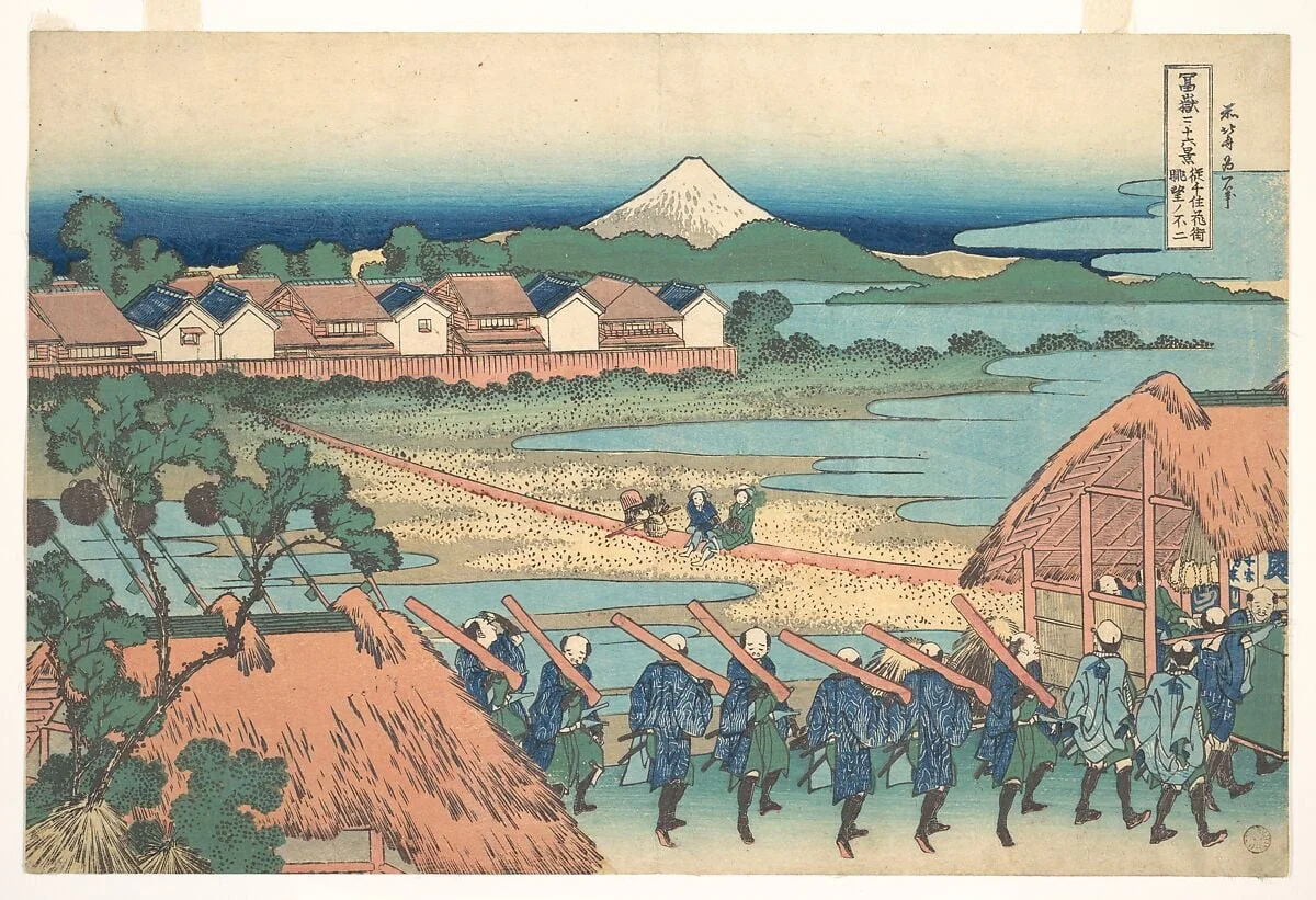 冨嶽三十六景　従千住花街眺望の不二|Fuji Seen in the Distance from Senju Pleasure Quarter (Senju kagai yori chōbō no Fuji), from the series Thirty-six Views of Mount Fuji (Fugaku sanjūrokkei), by Katsushika Hokusai, ink, 1831