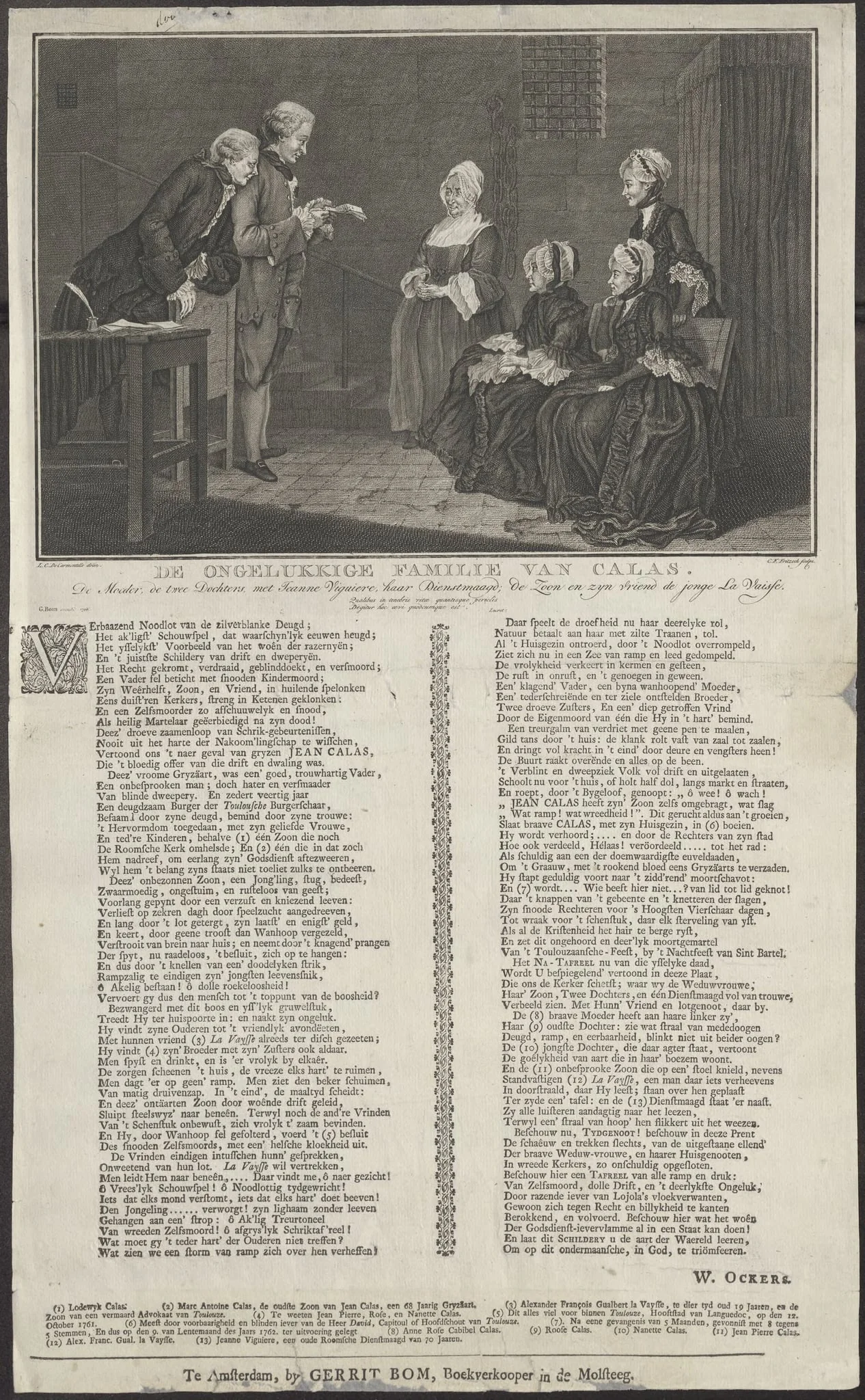 History print and poem 'The unhappy family of Calas', by Christian Friedrich, Fritzsch, 1750