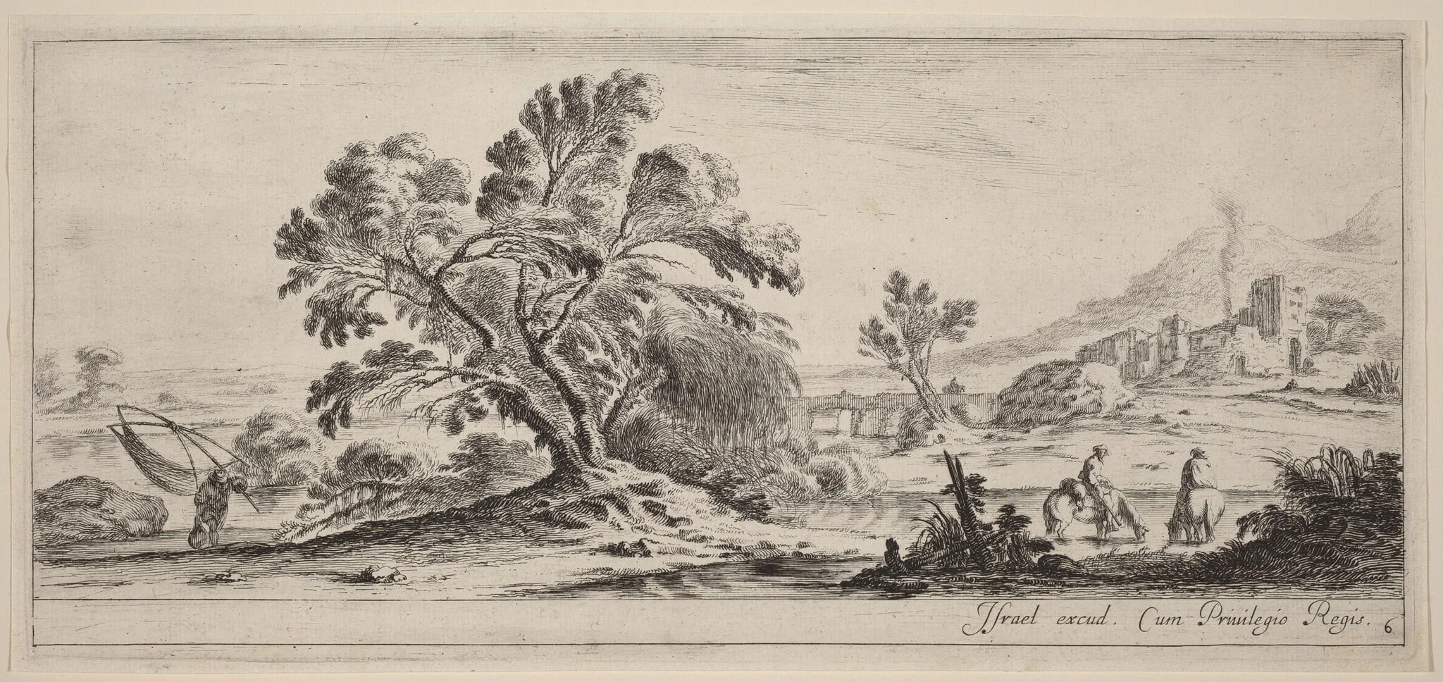 Landscape with Fisherman Carrying his Net, by Stefano Della Bella, ink, 1647