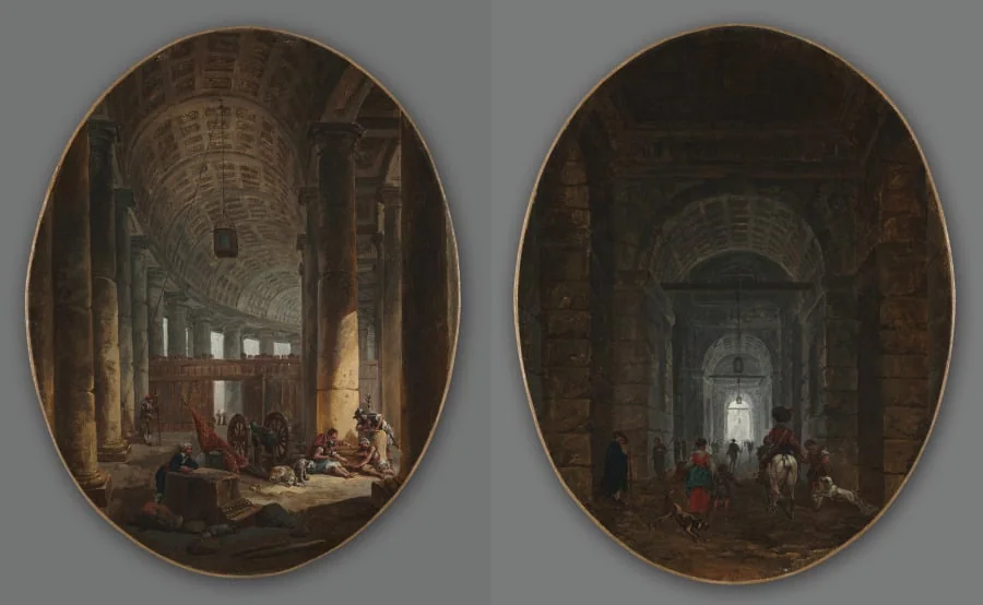 Pair of Paintings: The Colonnade of St. Peter's, Rome, during the Conclave and The Grotto of Posillipo, by Hubert Robert, unspecified, 1769