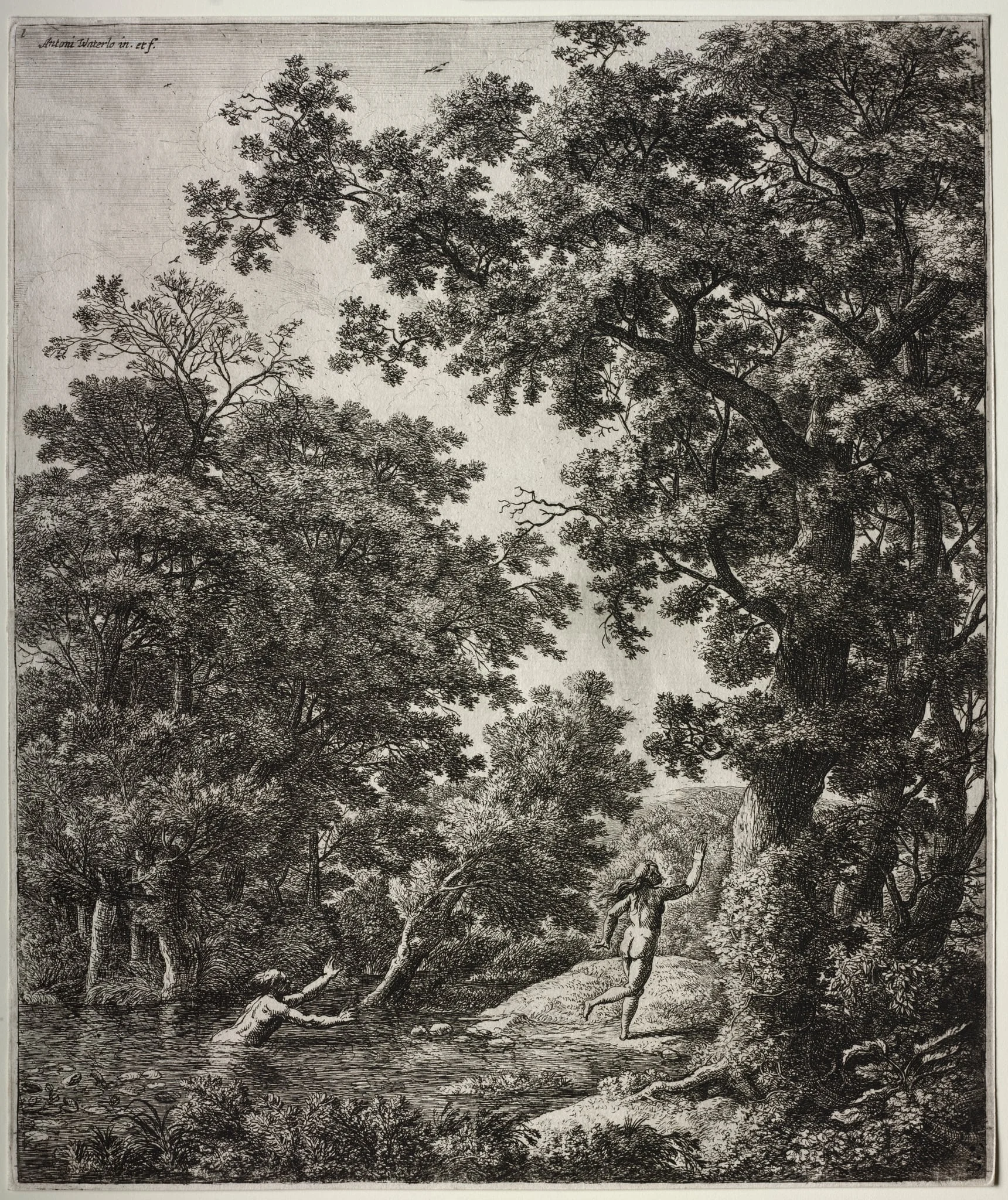 Six large upright landscapes with scenes from Ovid's Metamorphoses: Alpheus and Arethusa, by Antonie Waterloo, 1665