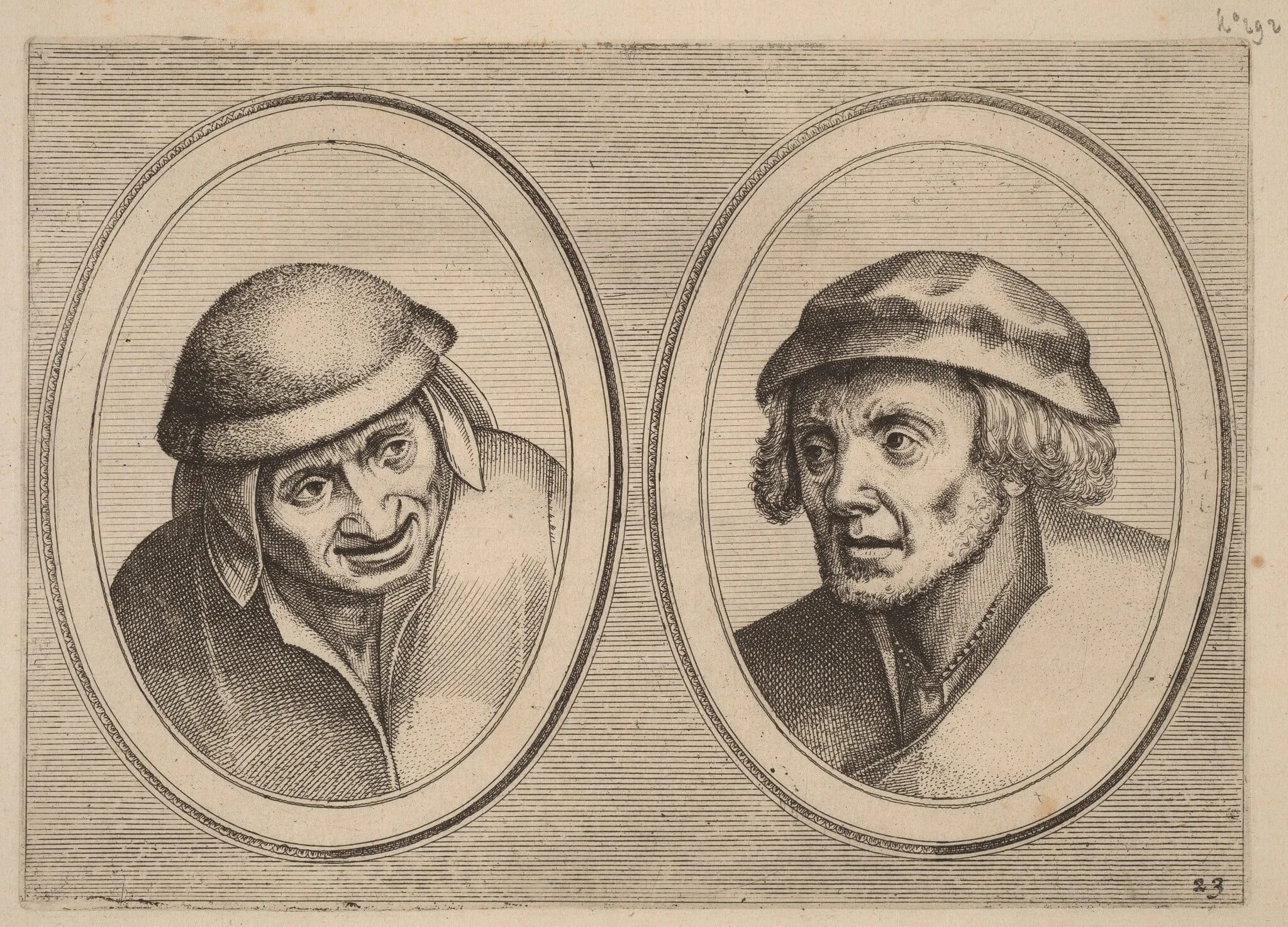 "Ael Pieter-mans" and "Bedorve Sloof om't Geldt", by Johannes van Doetechum the Elder, ink, 1564