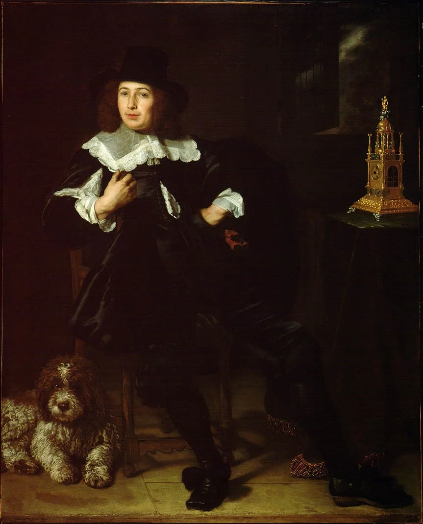 Portrait of a man, possibly Joan Hulft (1610-1677), with a dog, seated at a table with a clock, by Bartholomeus van der Helst, oil, 1644