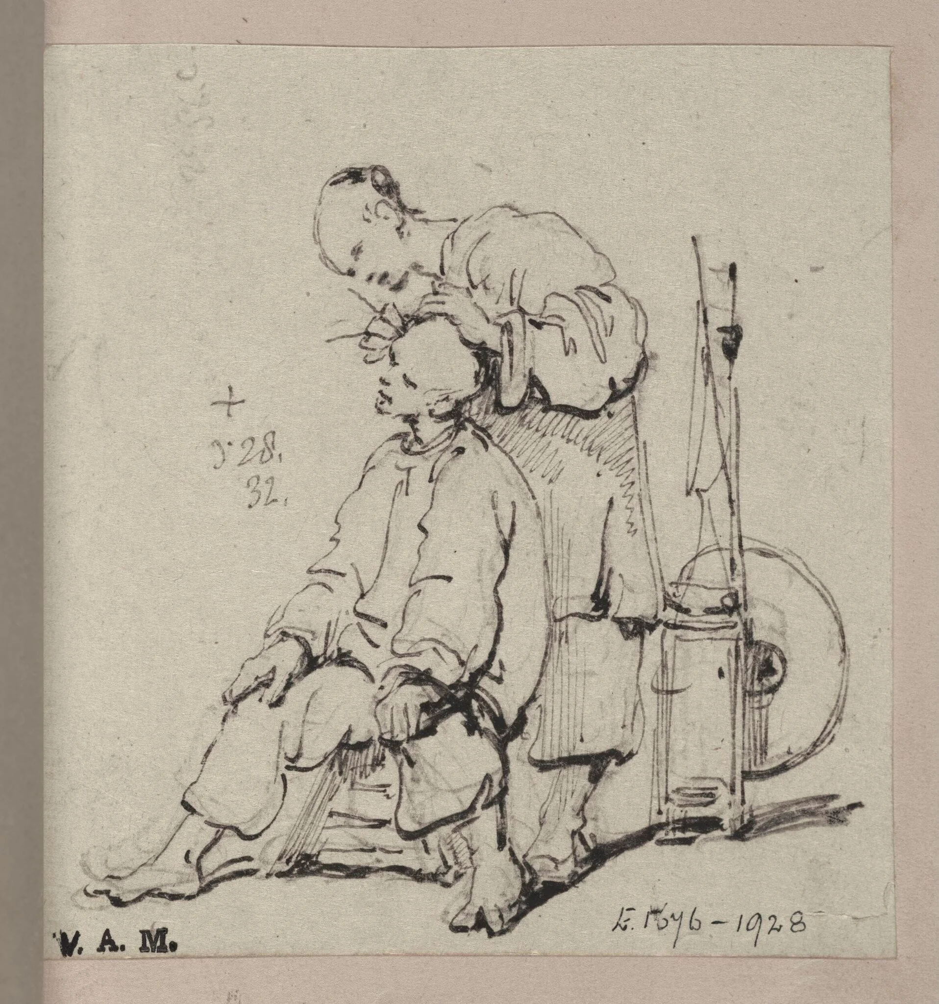 A Chinese barber attending to his customer, by George Chinnery, 16