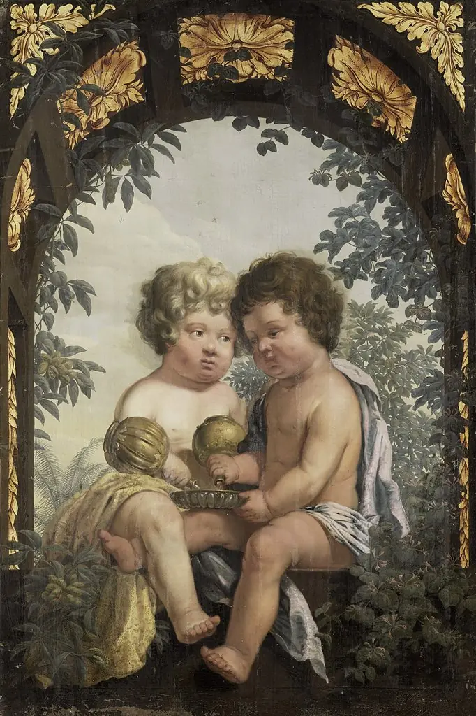 Christian Allegory with two Children both Pouring from a Carafe into a Bowl