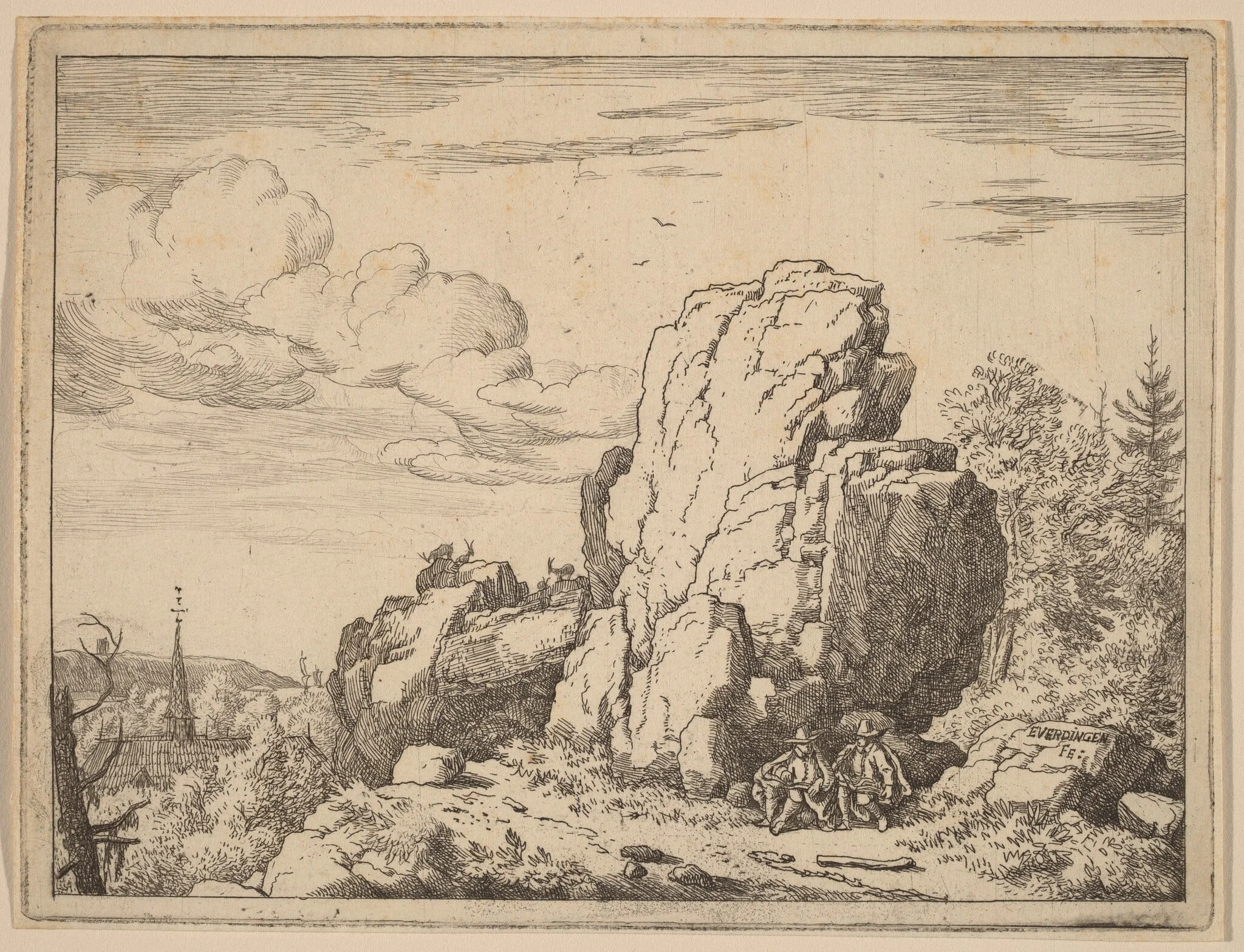 Two Men Seated at the Foot of a High Rock, by Allart van Everdingen, ink, 1650