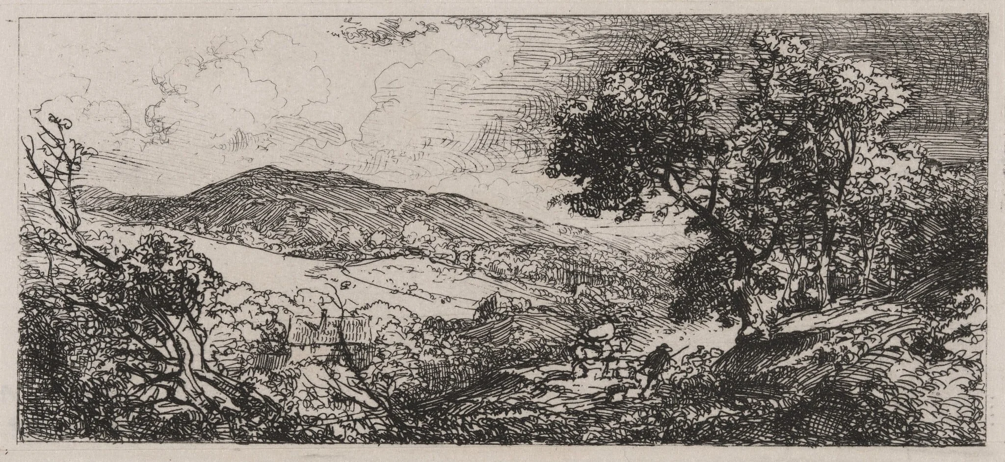 Valley View, Man with a Donkey and a Dog, by Caspar Johann Nepomuk Scheuren, ink, 1842