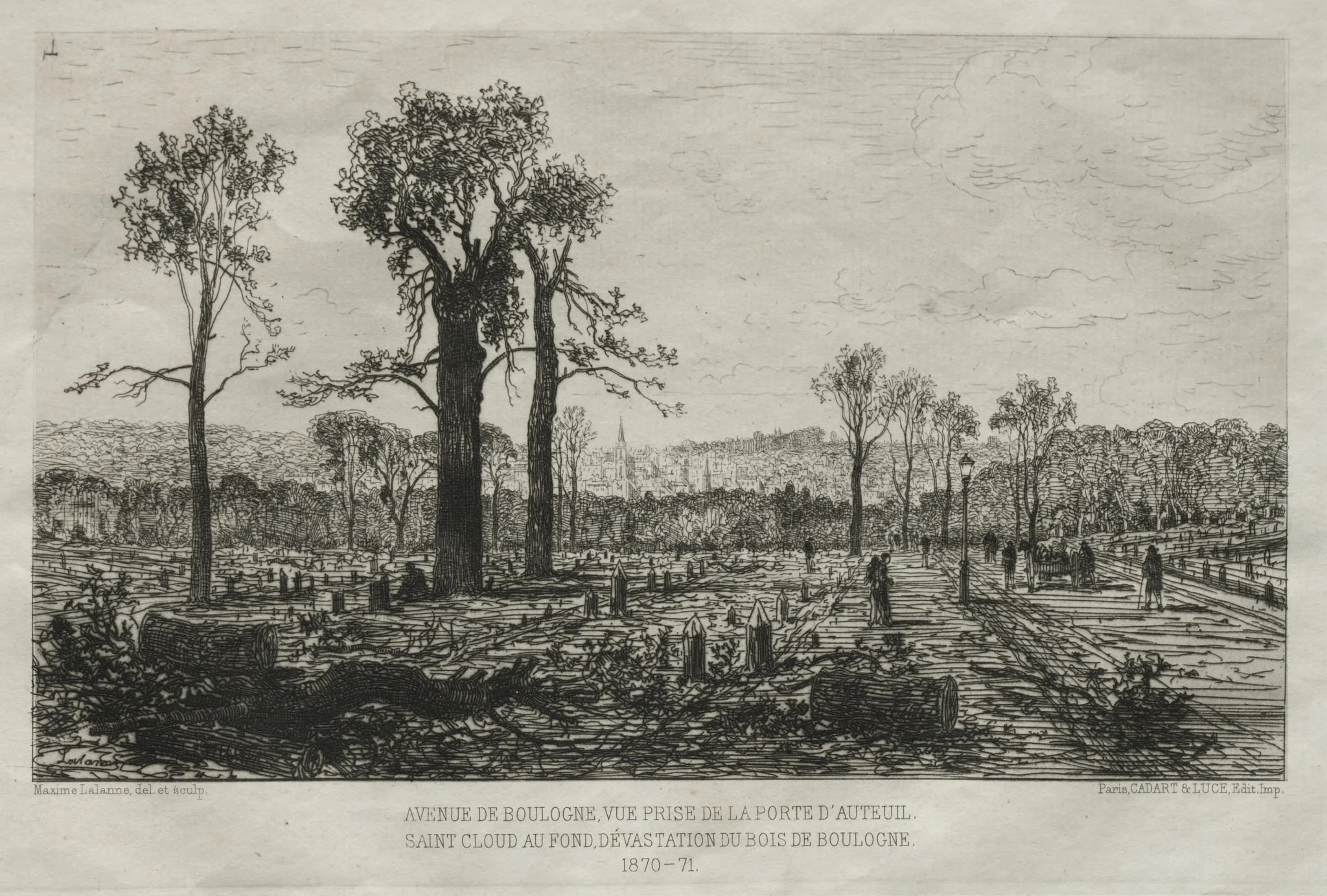 Souvenirs artistiques du Siége du Paris: Avenue de Boulogne, Vue Prise de la porte d'Auteuil, St. Cloud au fond, Dévastation du Bois de Boulogne, by Maxime Lalanne, 1880