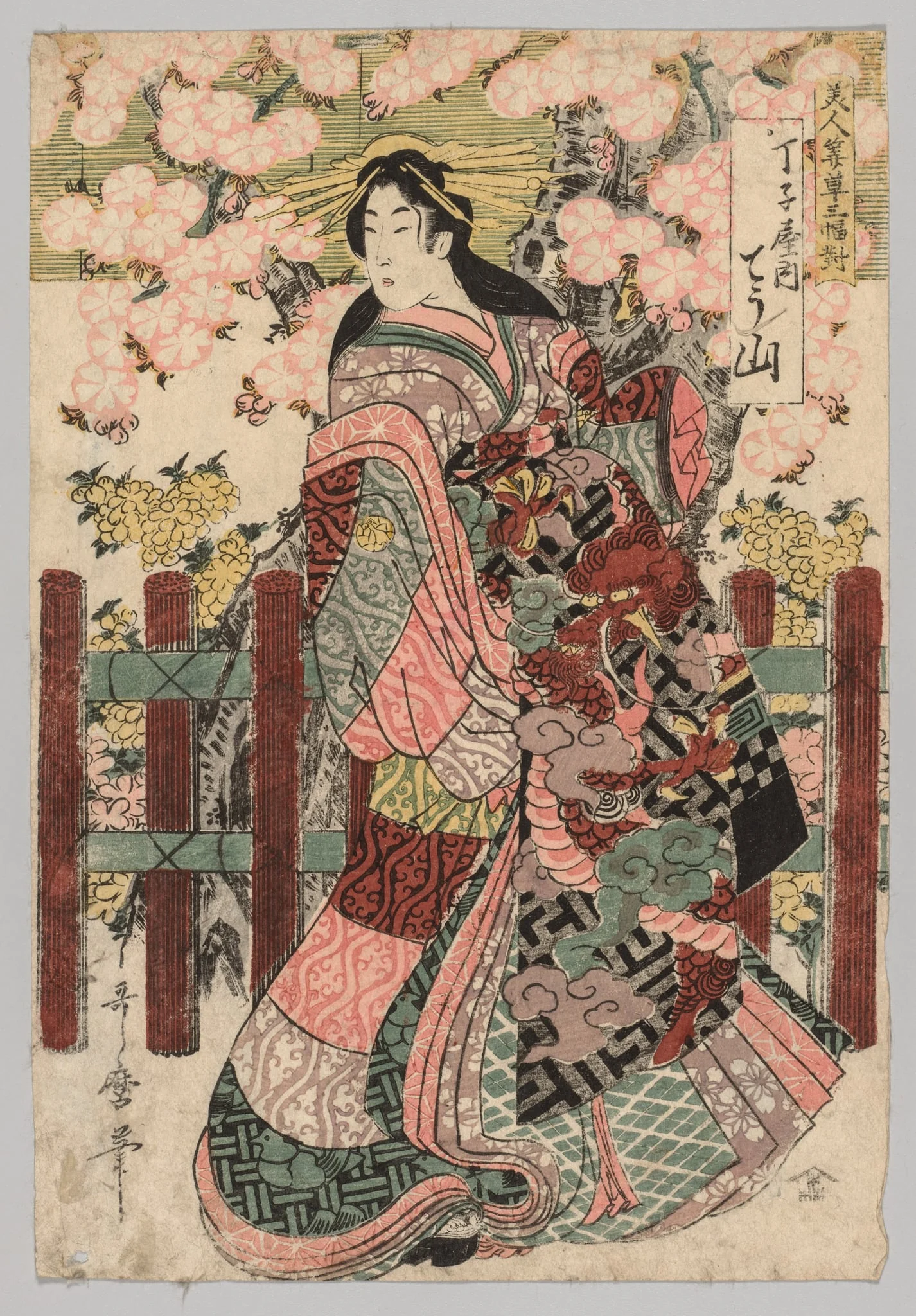 Chōzan of Chōjiya from the series Triptych of Beauties Before Blinds, by Kitagawa Utamaro, 1780