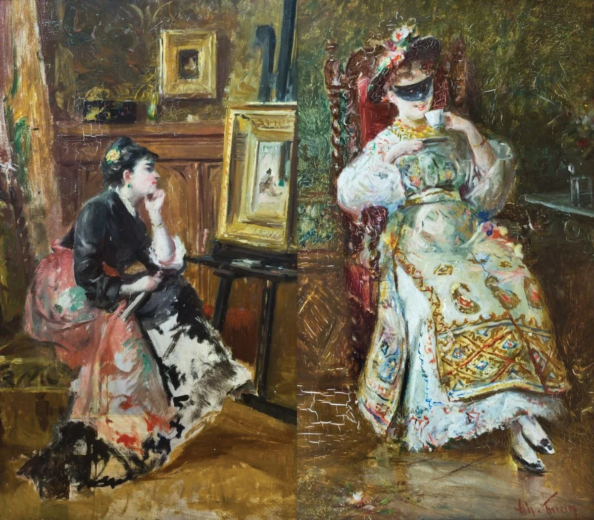 Femeie privind un tablou pe șevalet/Femeie cu mască, în costum național (verso), by Theodor Aman, 1884
