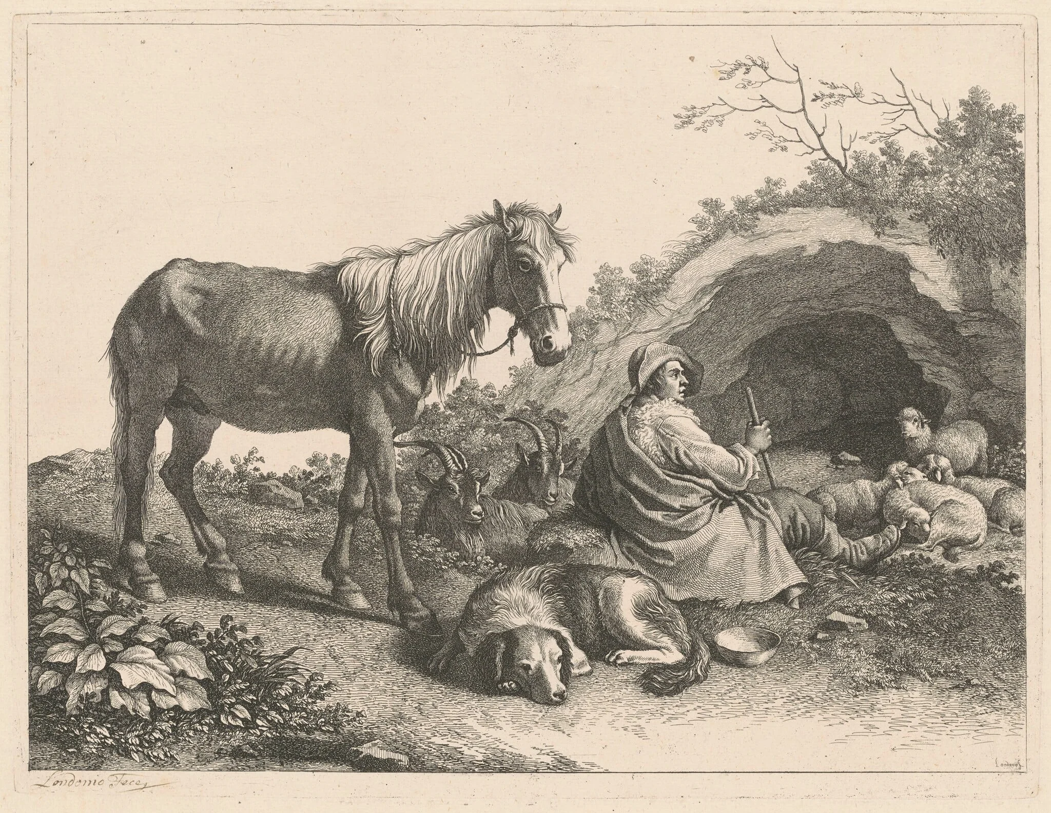 Seated Shepherd with Horse, Dog, Goats and Sheep, by Francesco Londonio, ink, 1776