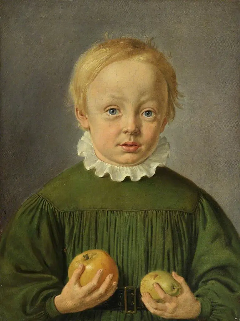 Boy holding an Apple and a Pear