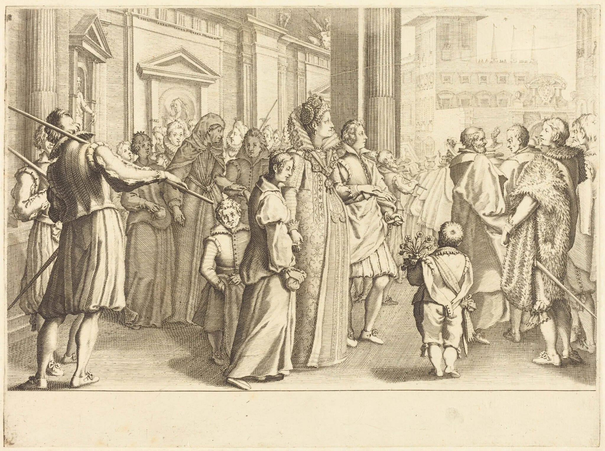 Grand Duchess at the Procession of the Young Girls, by Jacques Callot, ink, 1614