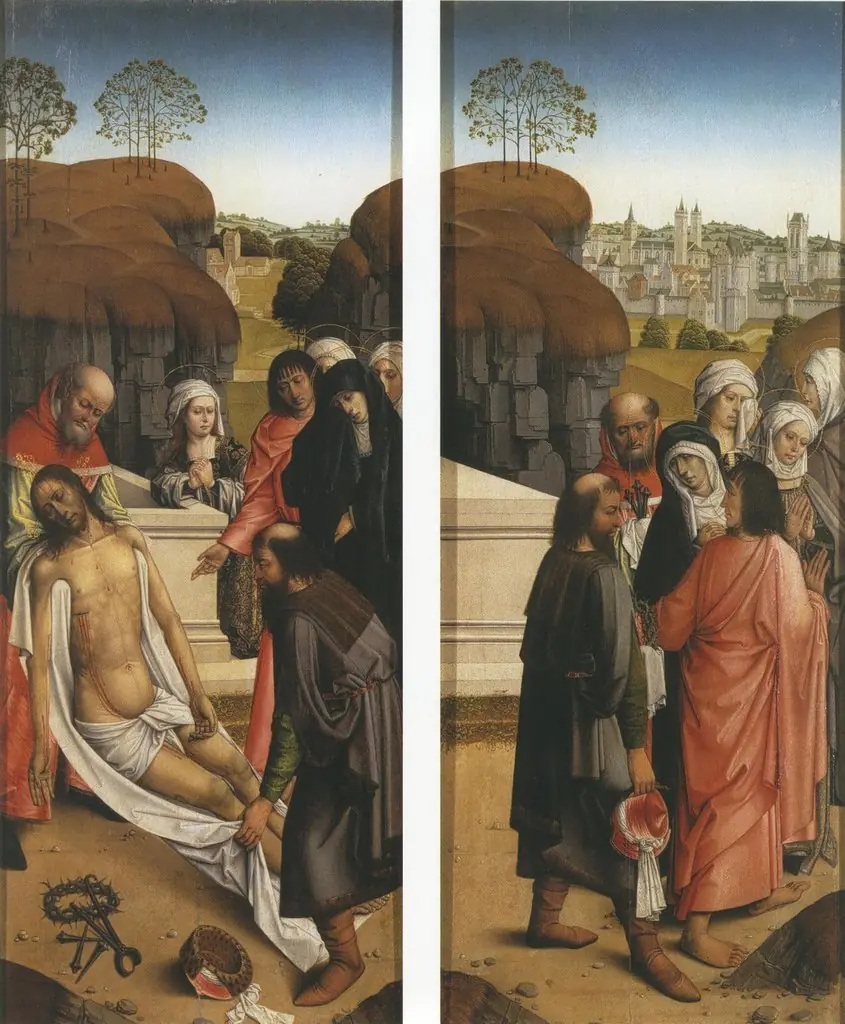 De graflegging (links), Maria, Johannes de Evangelist, Jozef van Arimatea, Nicodemus en de drie Maria's verlaten het graf (rechts)