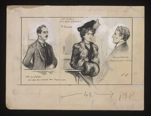 Divorce hearing in November 1903 of Vesta Victoria (1873-1951). Drawing by F.V. Poole for an illustrated newspaper.