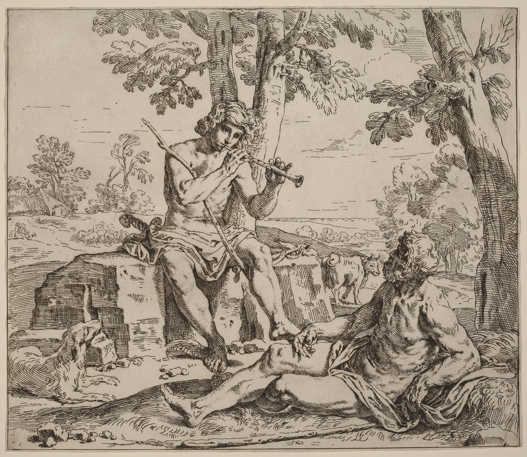 Mercury and Argus, by Simone Cantarini, ink, 1630