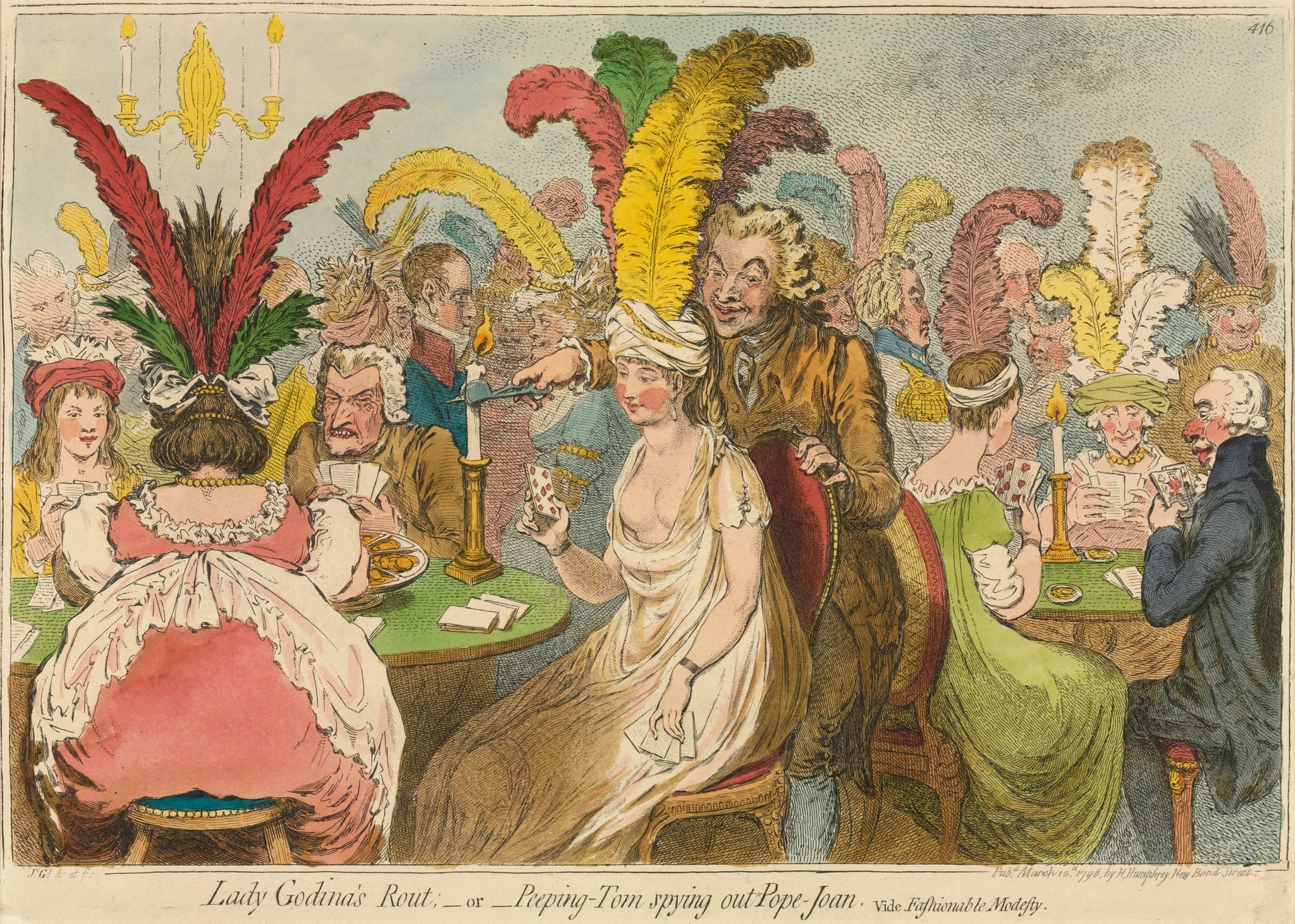 Lady Godina's Rout;-or-Peeping-Tom Spying out Pope-Joan, by James Gillray, 1796