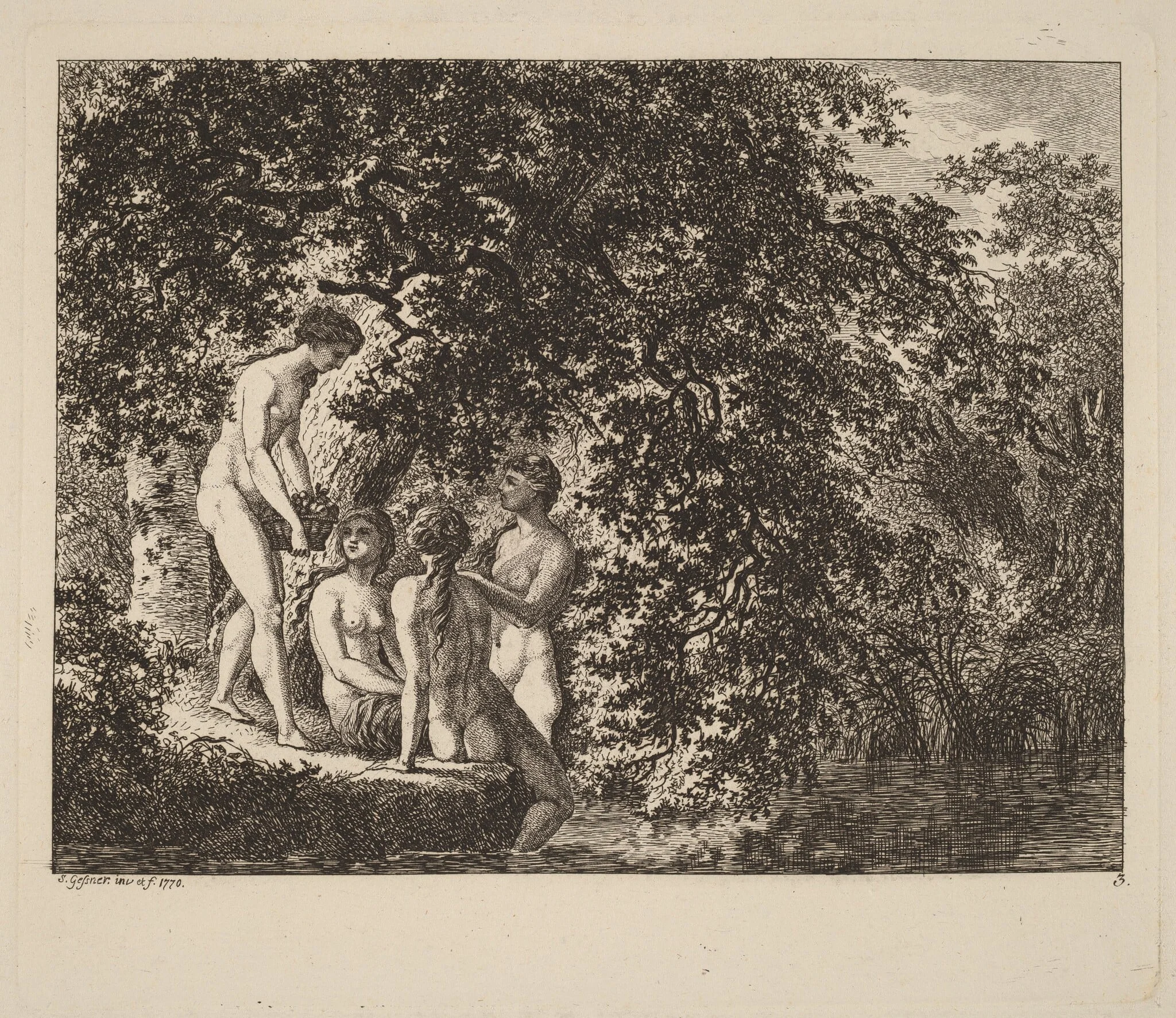 Girl Carrying a Basket of Fruit, by Salomon Gessner, ink, 1770