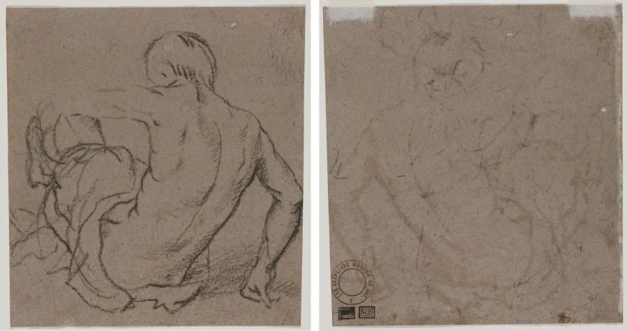 Man Seated on the Ground, Seen from Behind (recto); Sketch (verso), by Unknown, 1504