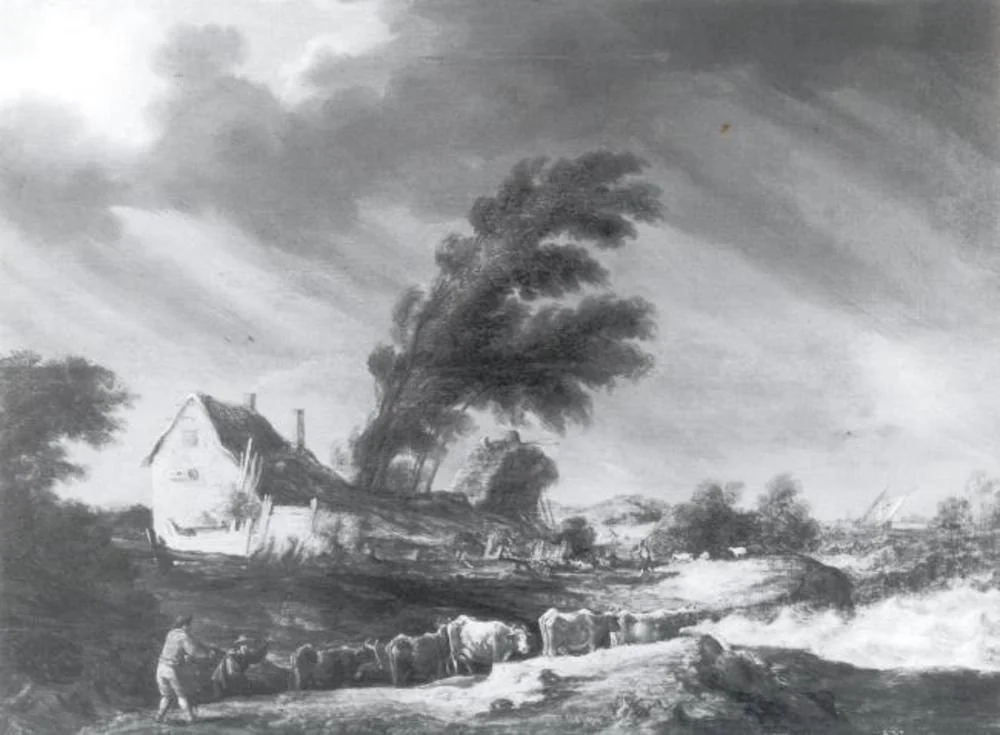 Farmhouse in a Storm, by Maerten Fransz. van der Hulst, oil, 1630