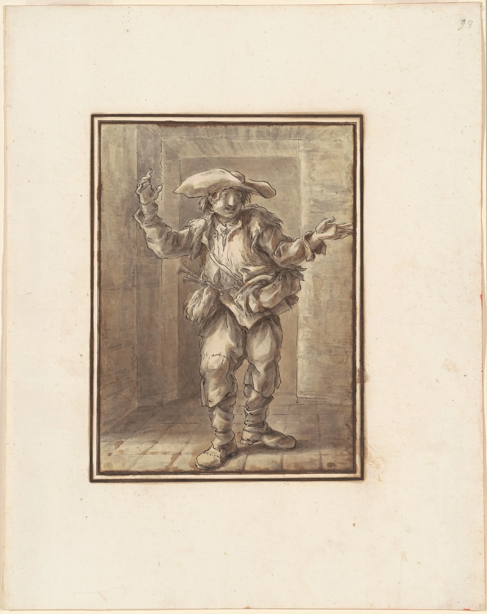 Caricature of a Peasant with a Broad Hat, by Carlo Marchionni, ink, 1760