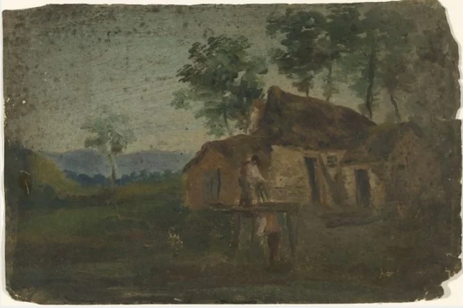 Figures outside a Cottage