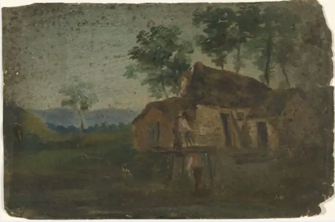 Figures outside a Cottage