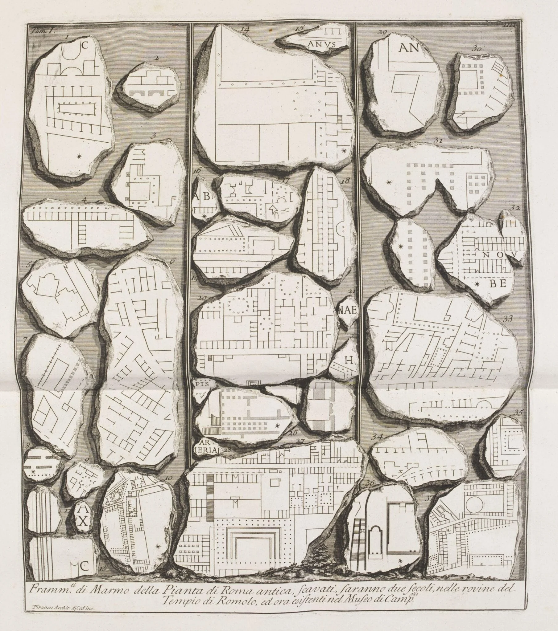 Fragments of the Marble Plan of ancient Rome (from the Severan Marble Plan), by Giovanni Battista Piranesi, 1756