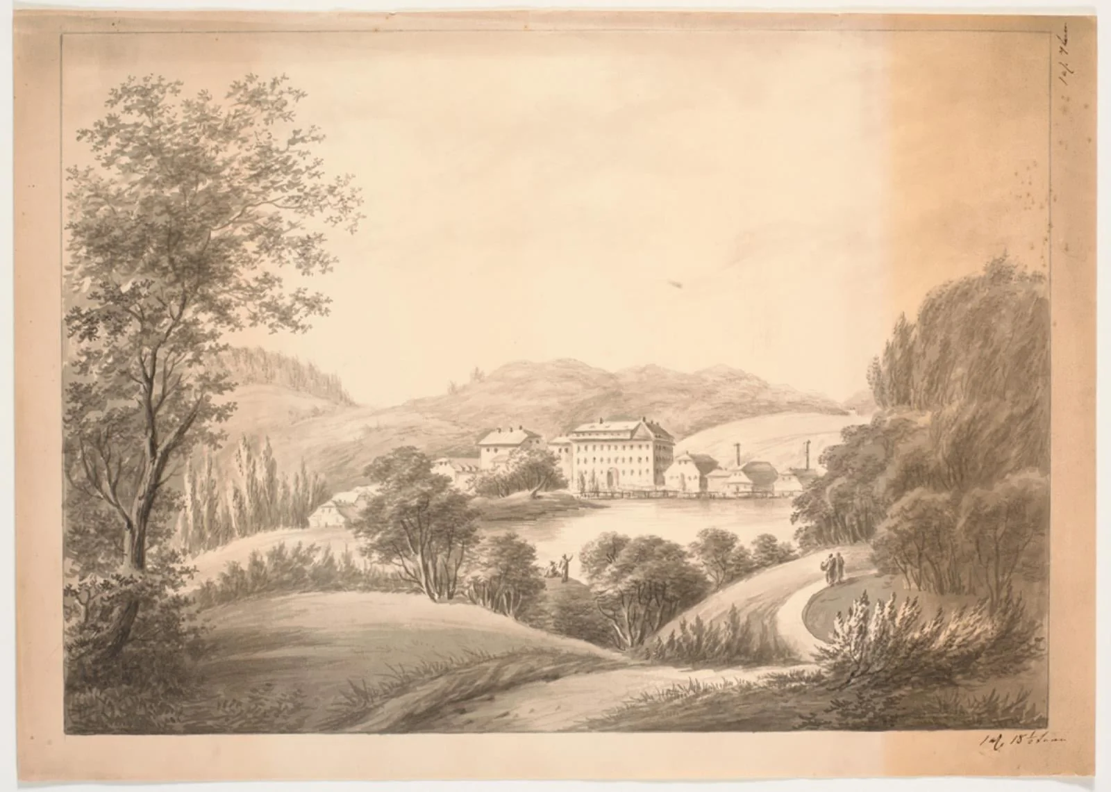 Flere tætliggende bygninger, bl.a. en hovedbygning og mindre huse med skorstene, ved vandløb eller sø, omgivet af træer og bakker, by Unknown, unspecified, 1750