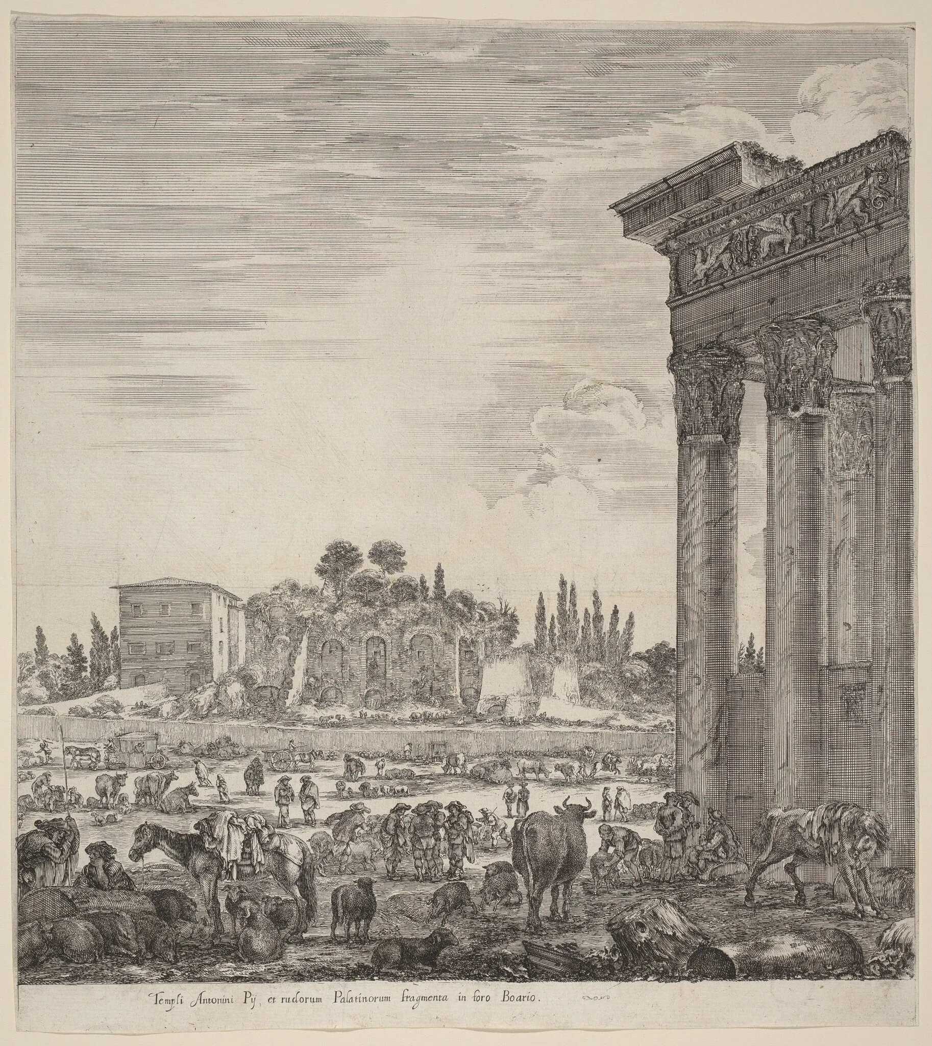 Temple of Antonius and the Campo Vaccino, by Stefano Della Bella, ink, 1656