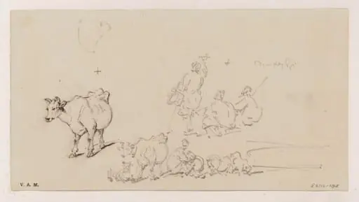 Grouped figures and animals