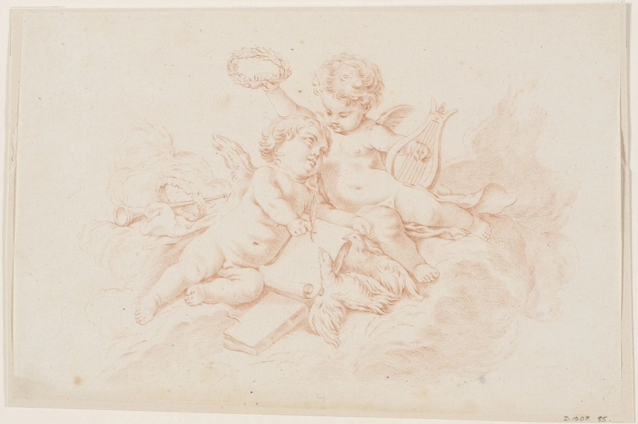 Poetry; two putti in a cloud