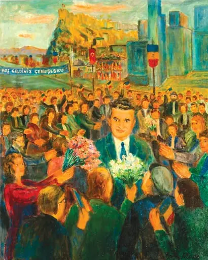 Tablou, portret Nicolae Ceaușescu în vizită la Ankara. Tablou realizat și oferit de Rami Uluer (președintele Asociației Pictorilor Turci din Ankara) lui Nicolae Ceaușescu cu ocazia vizitei la Ankara din 1985. Tabloul îl înfățișază pe Nicolae Ceaușescu într-o baie de mulțime aclamat de mulțimea entuziastă.