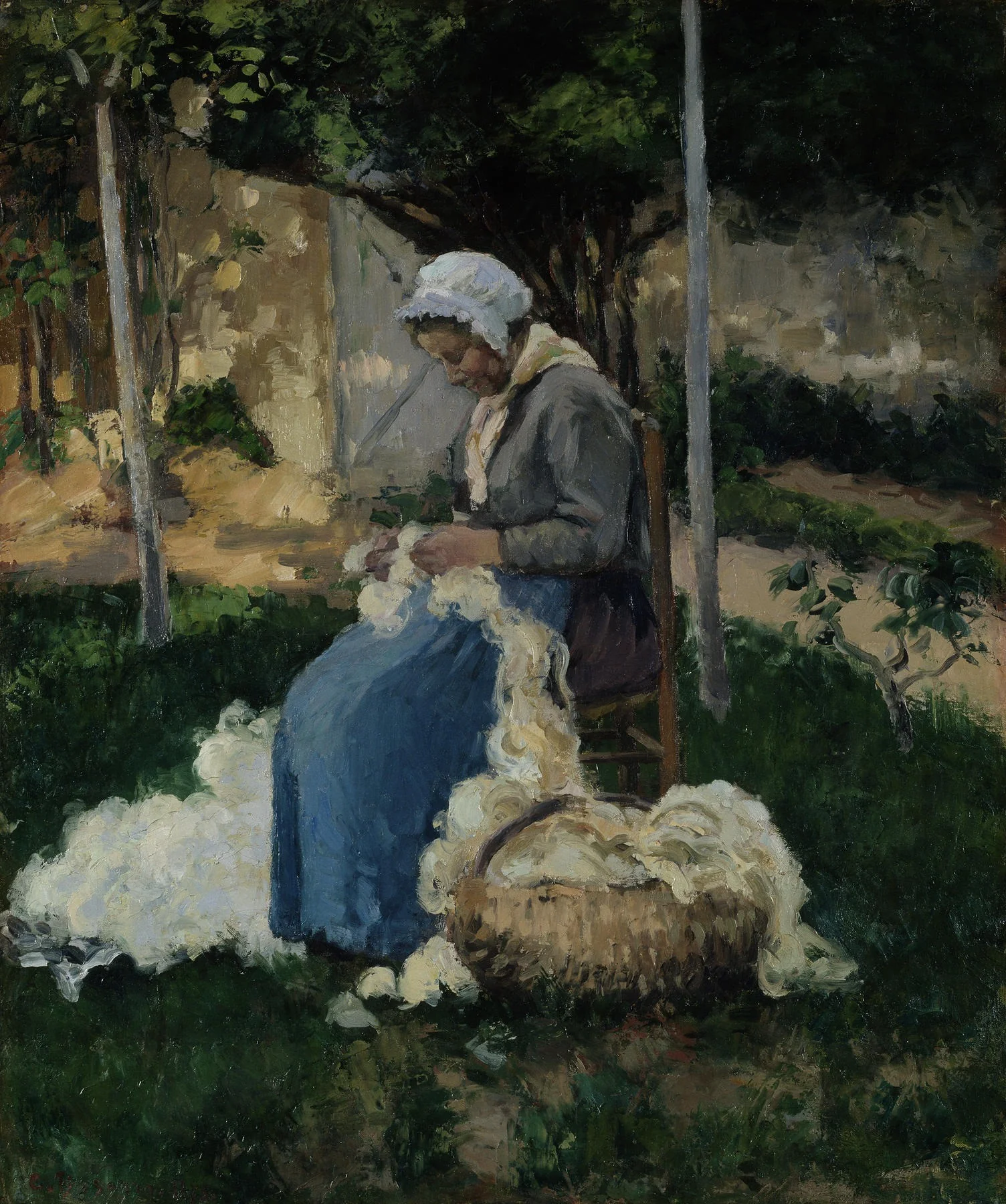 Peasant Woman Carding Wool, by Camille Pissarro, oil, 1875
