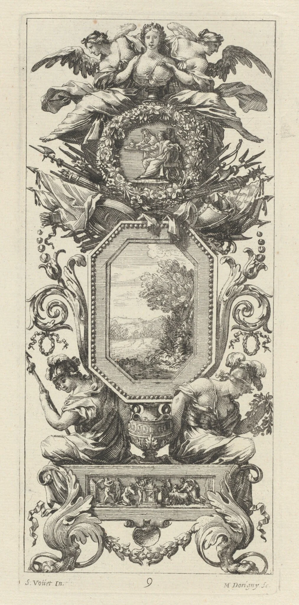 Ornamental Panel Surmounted with Two Figures Leaning on the Bust of a Woman, by Michel Dorigny, ink, 1647