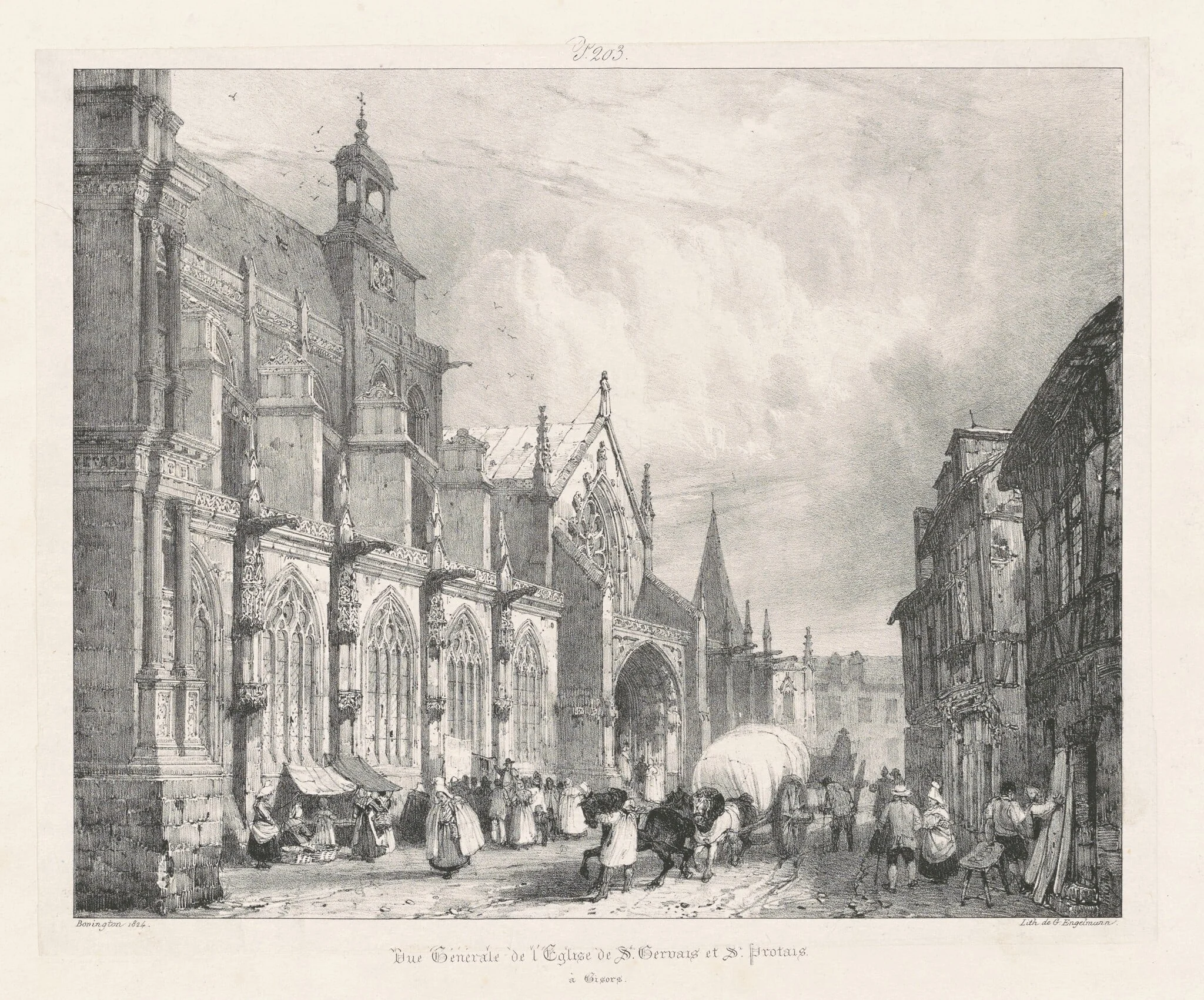 Vue general de l'Église St. Gervais et St. Protais à Gisors, by Richard Parkes Bonington, ink, 1824