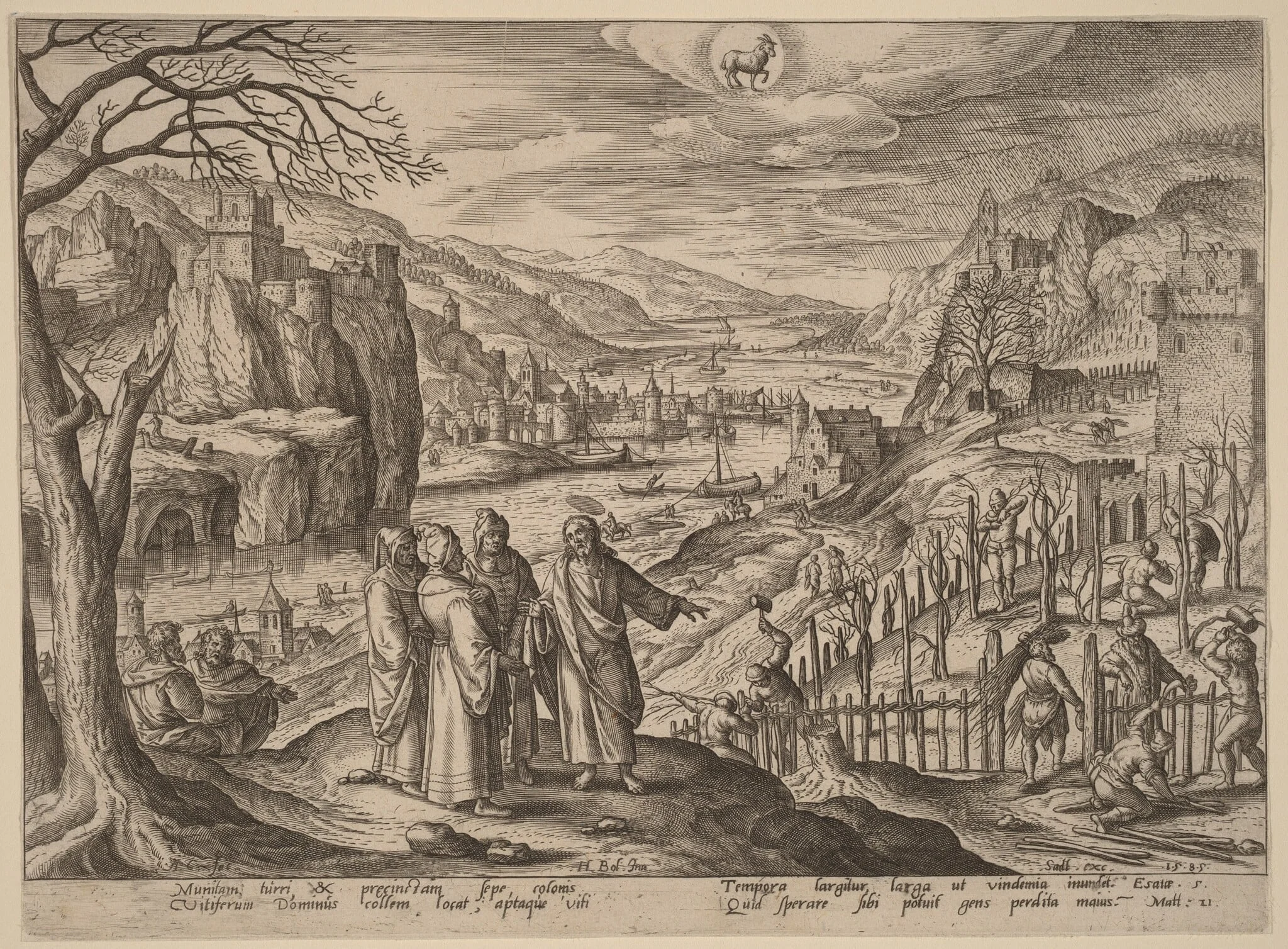 The Parable of the Two Sons and the Unjust Husbandmen, by Adriaen Collaert, ink, 1585