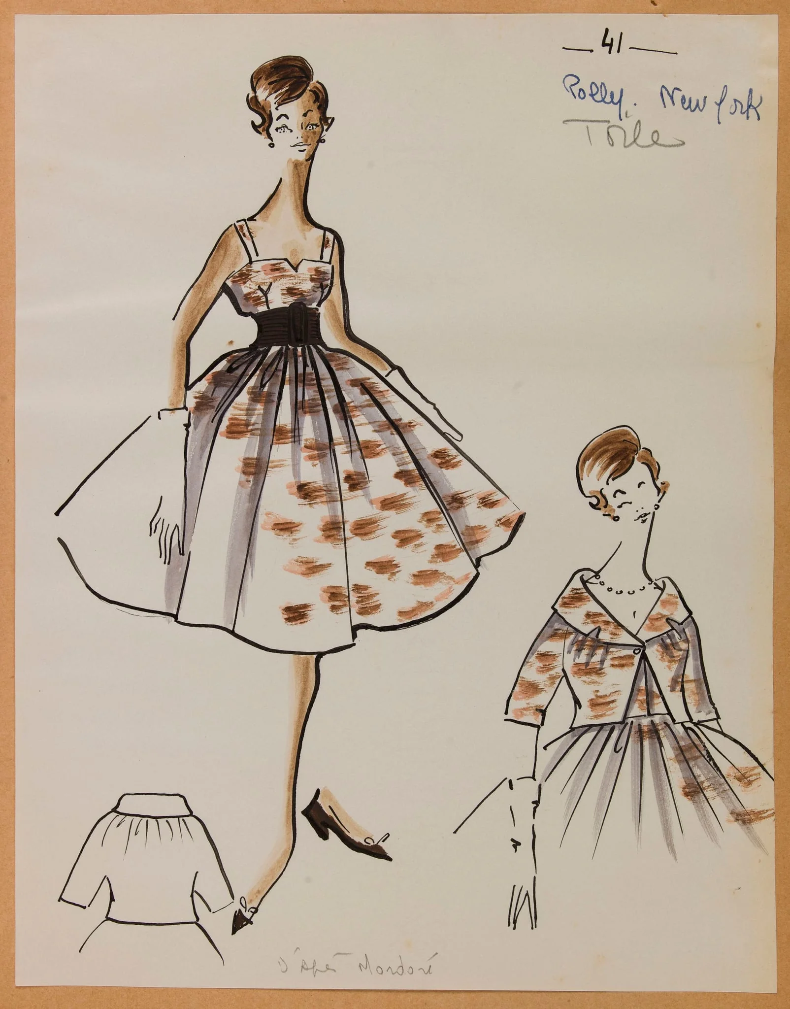 Robe à fines bretelles blanche à motif marron, by Marie-Louise Carven, 1957