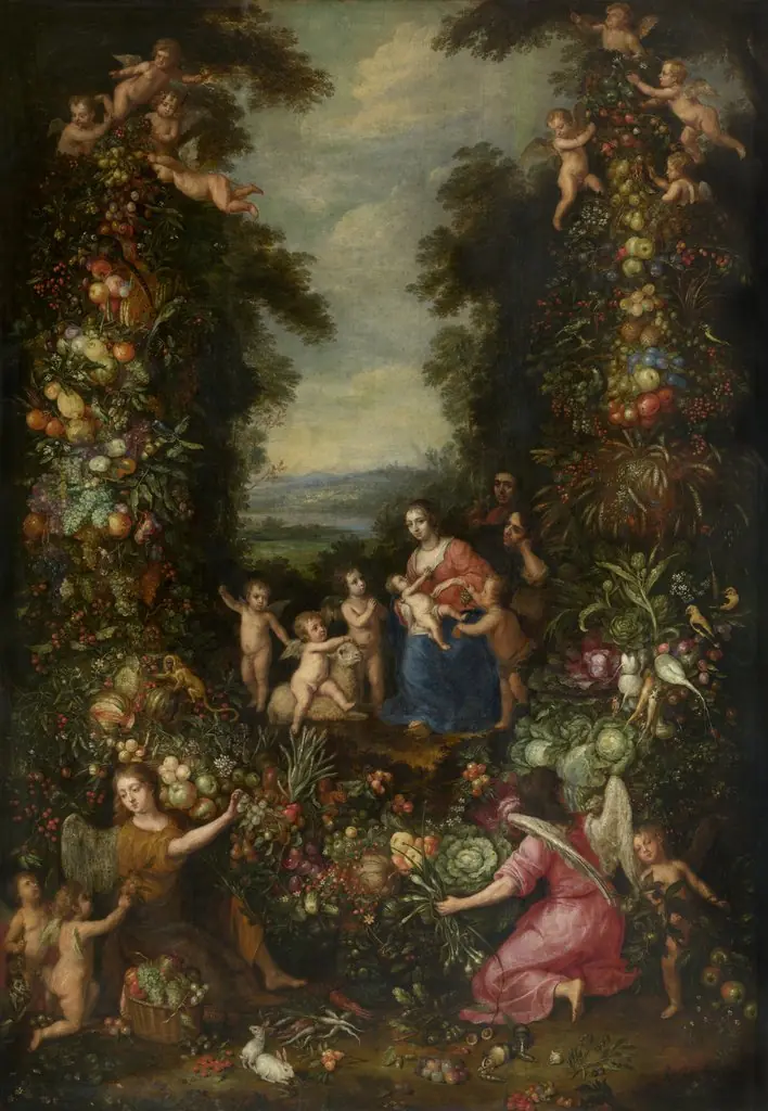 Holy Family in a Garland with Flowers, Vegetables, and Fruit