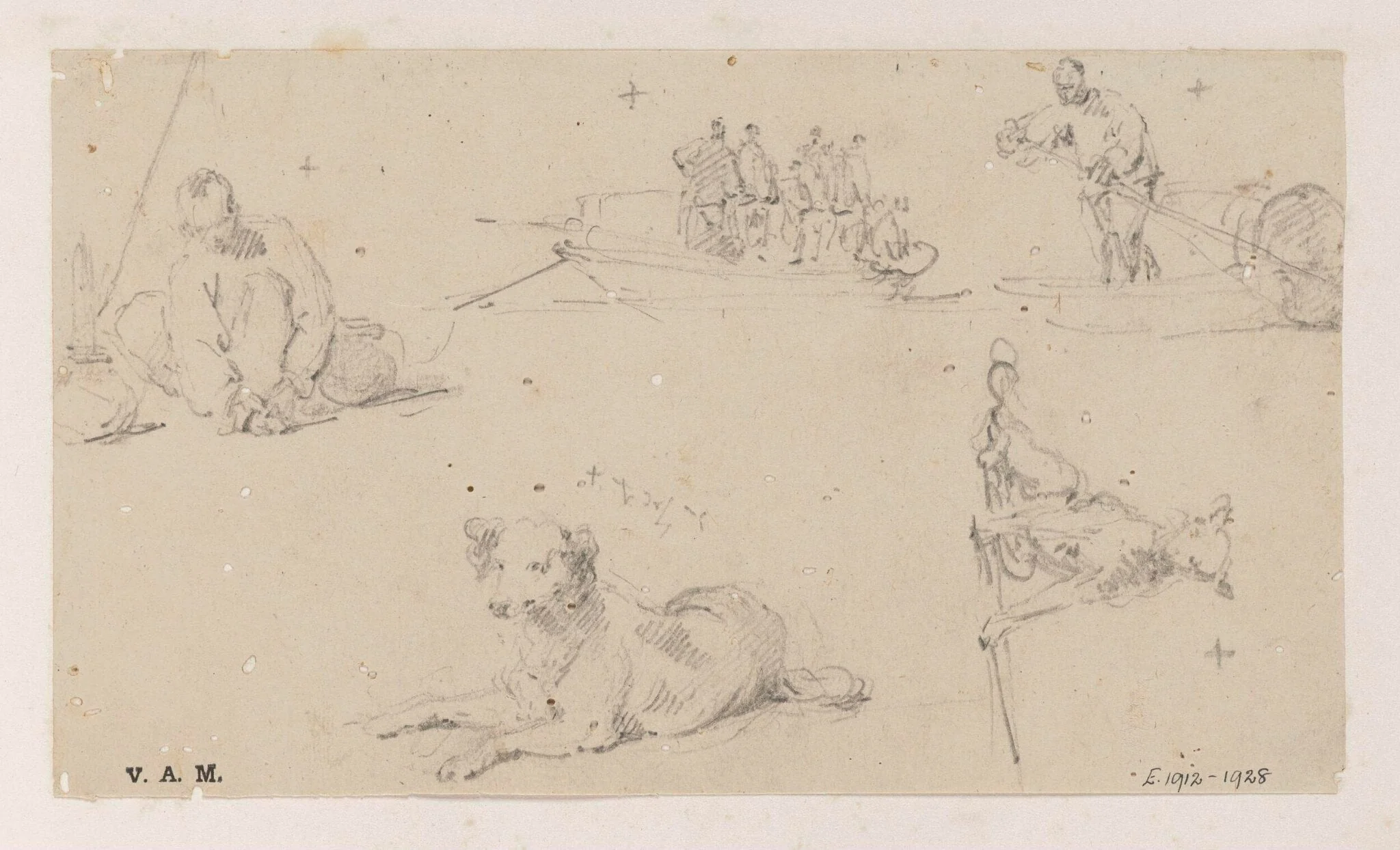 Five drawings of figures and dogs, by George Chinnery, 19