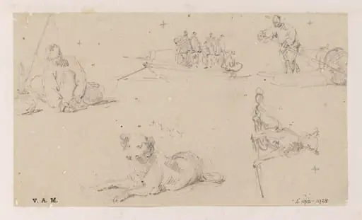 Five drawings of figures and dogs