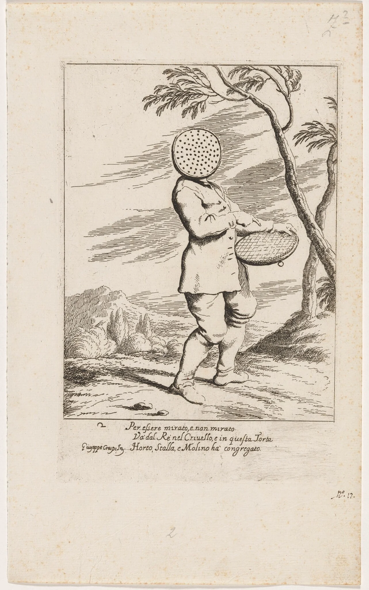 Bertoldo with a Sieve on His Head, by Giuseppe Maria Crespi, ink, 1712