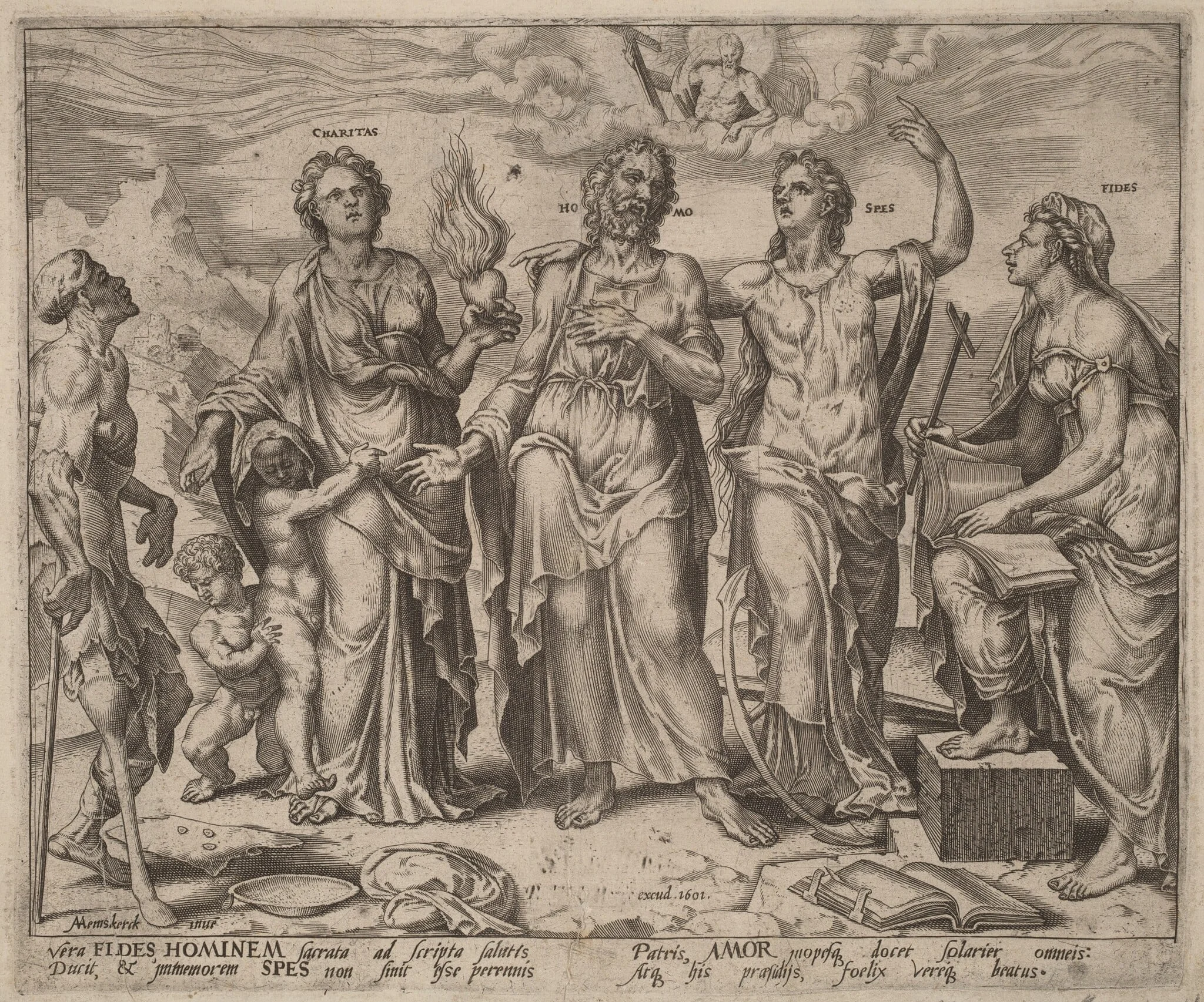 Man Assisted by Faith, Hope and Charity, by Dutch 16th Century, ink, 1562