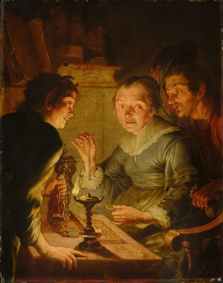 An old Woman weighing Gold: 'Avarice', by Jacques de l'Ange, oil, 1642