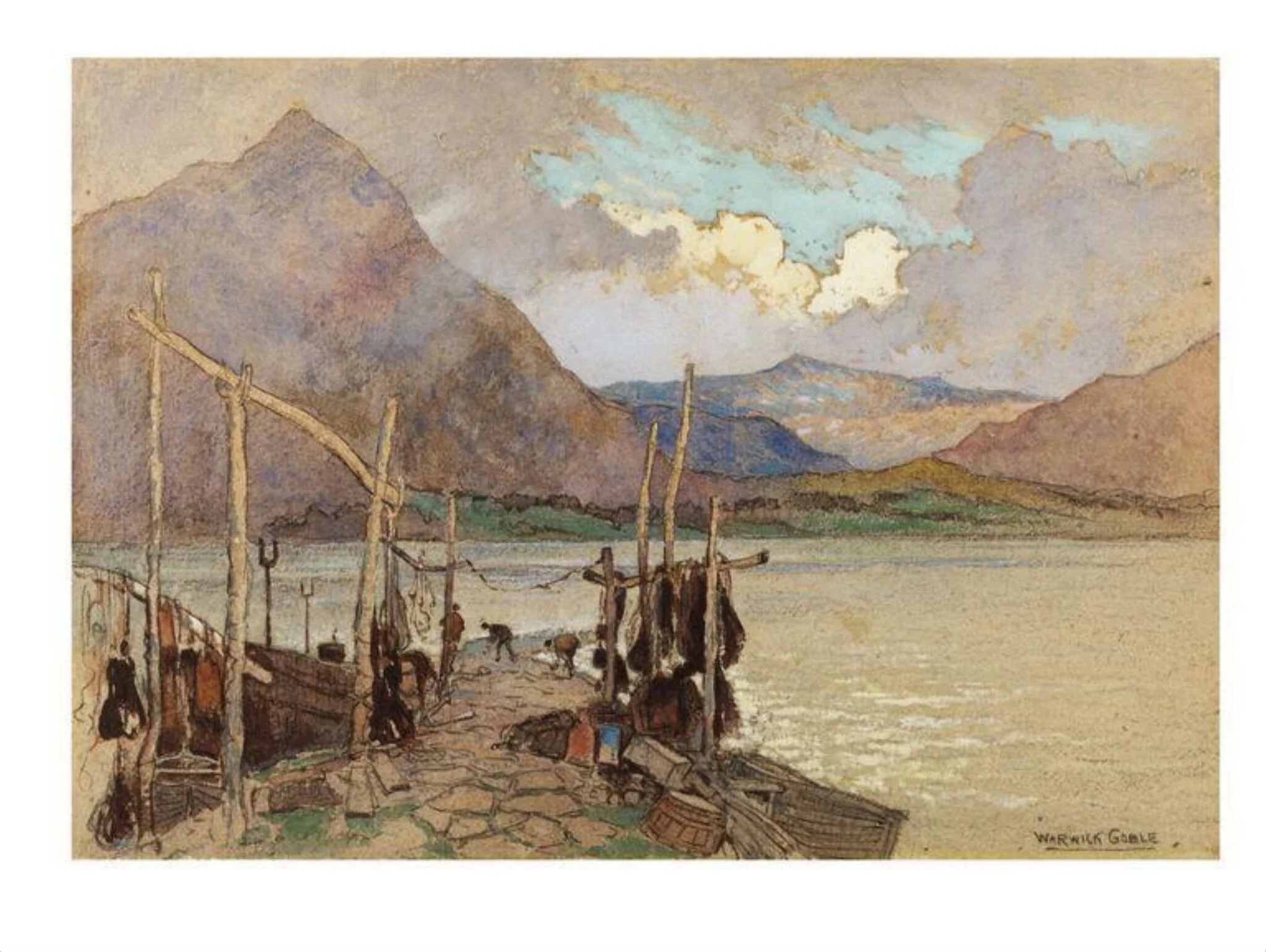 Scene with mountains, lake and jetty, by Warwick Goble, watercolor, 1890
