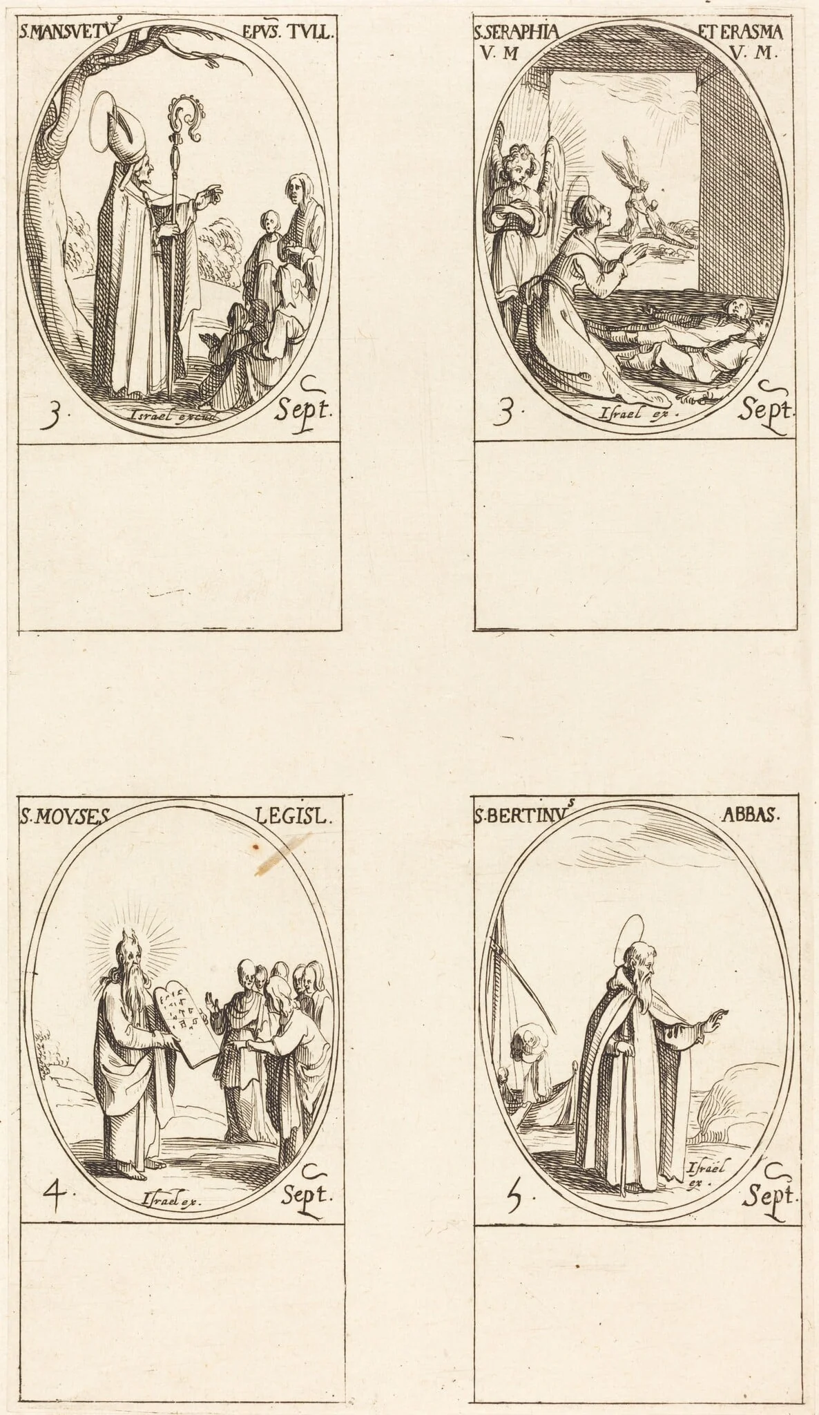 St. Mansuetus; Sts. Serapia and Erasma; Moses; St. Bertin, Abbot, by Jacques Callot, ink, 1634