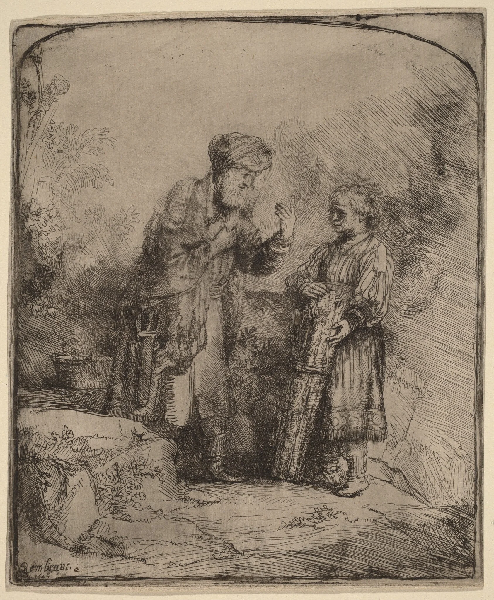 Abraham and Isaac, by Rembrandt, ink, 1645