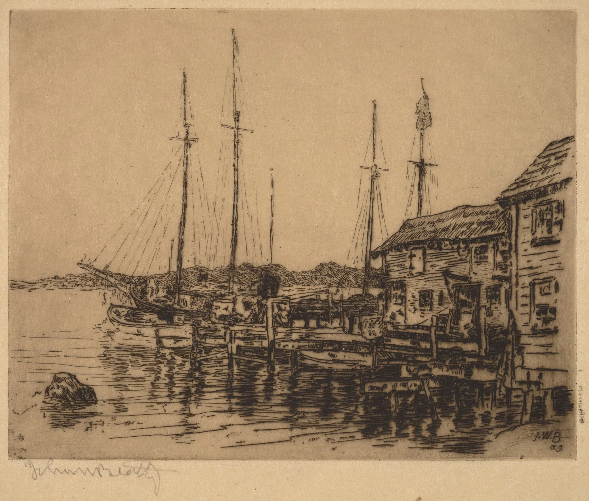 Fishing Boats Along Quay, Noank, Conn., by John Wesley Beatty, ink, 1909