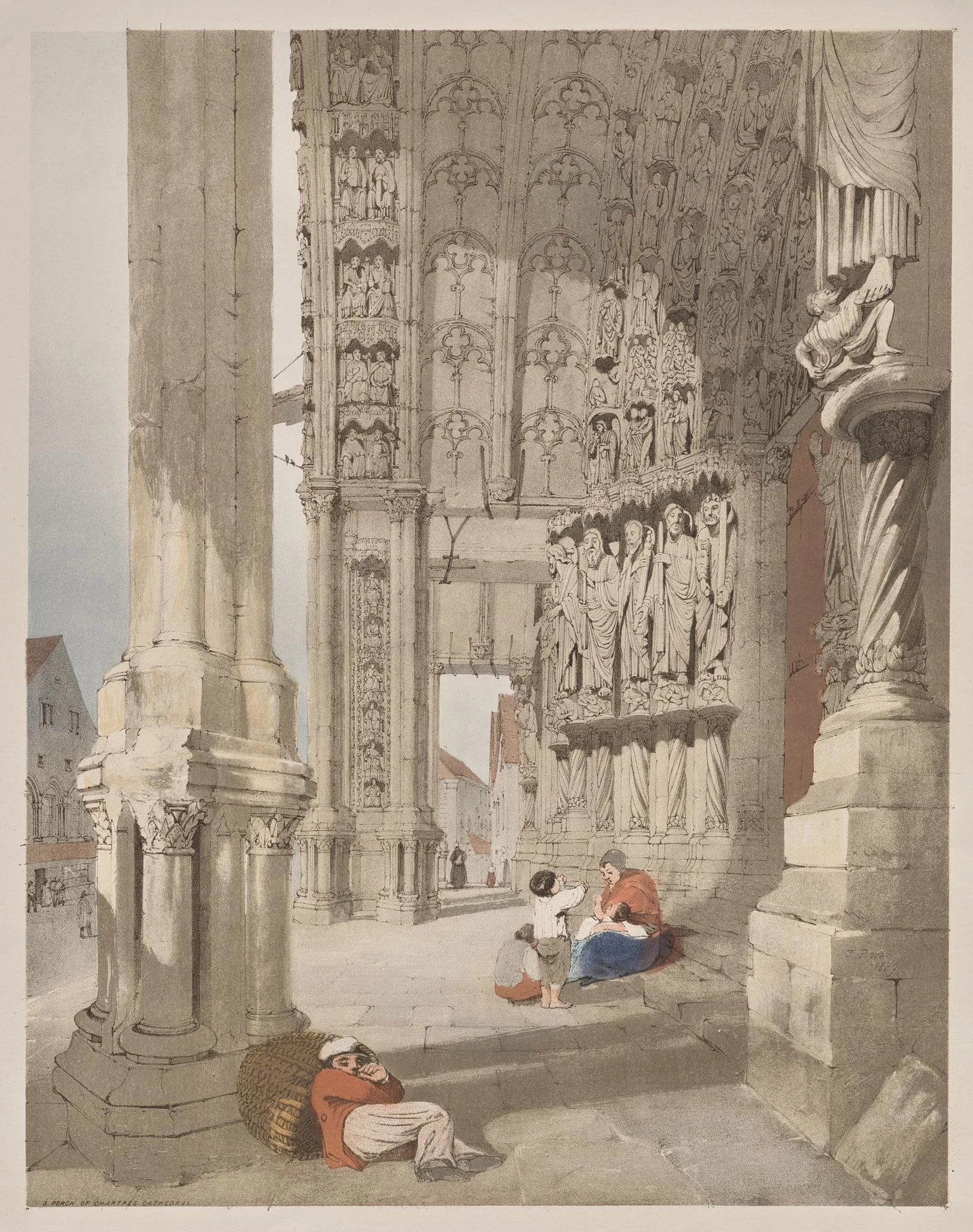 Picturesque Architecture in Paris, Ghent, Antwerp, Rouen:  South Porch of Chartres Cathedral, Chartres, France, by Thomas Shotter Boys, 1839