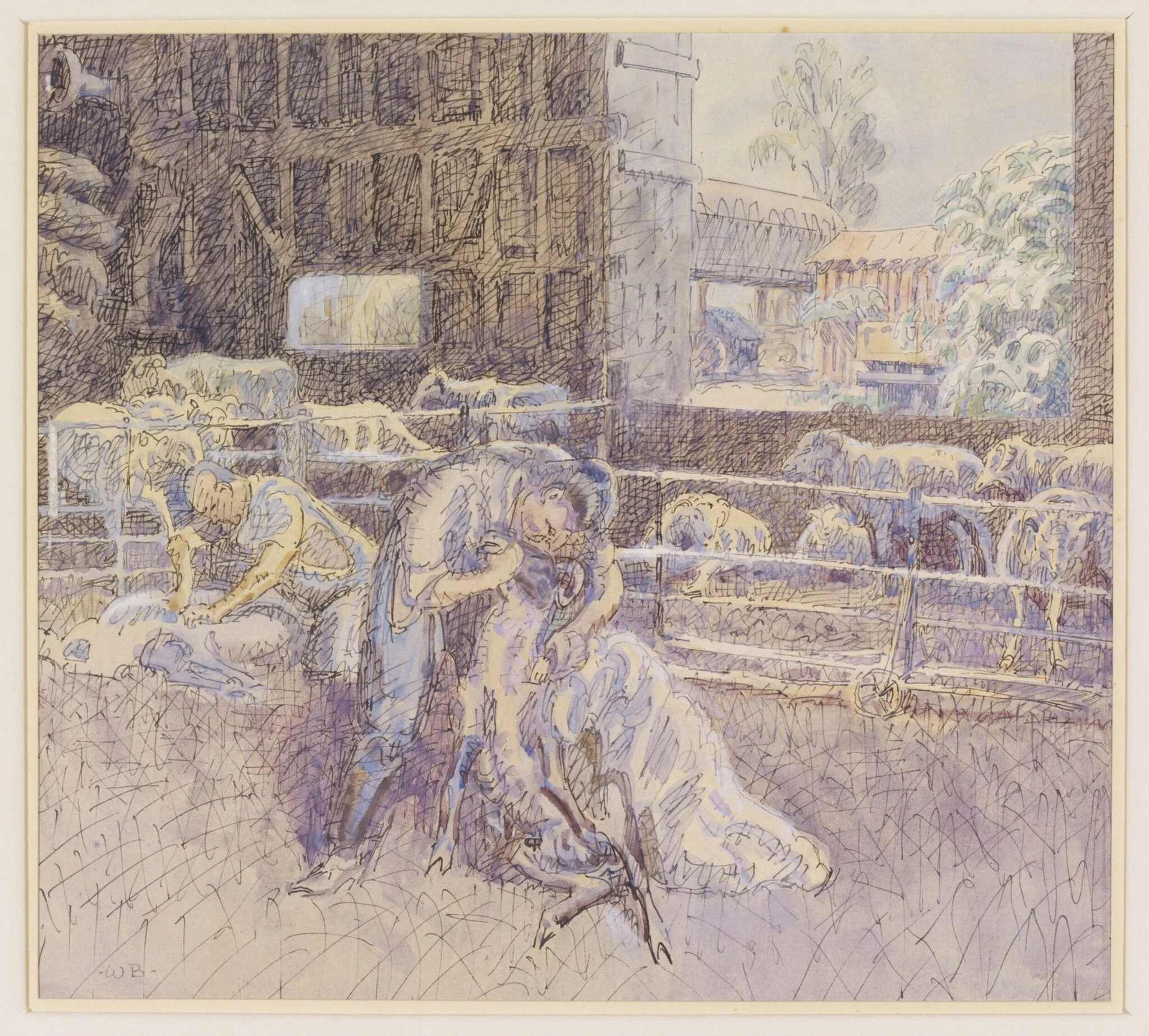 Sheep Shearing at Garrett's Farm, Bocking, by Walter Bayes, watercolor, 1940